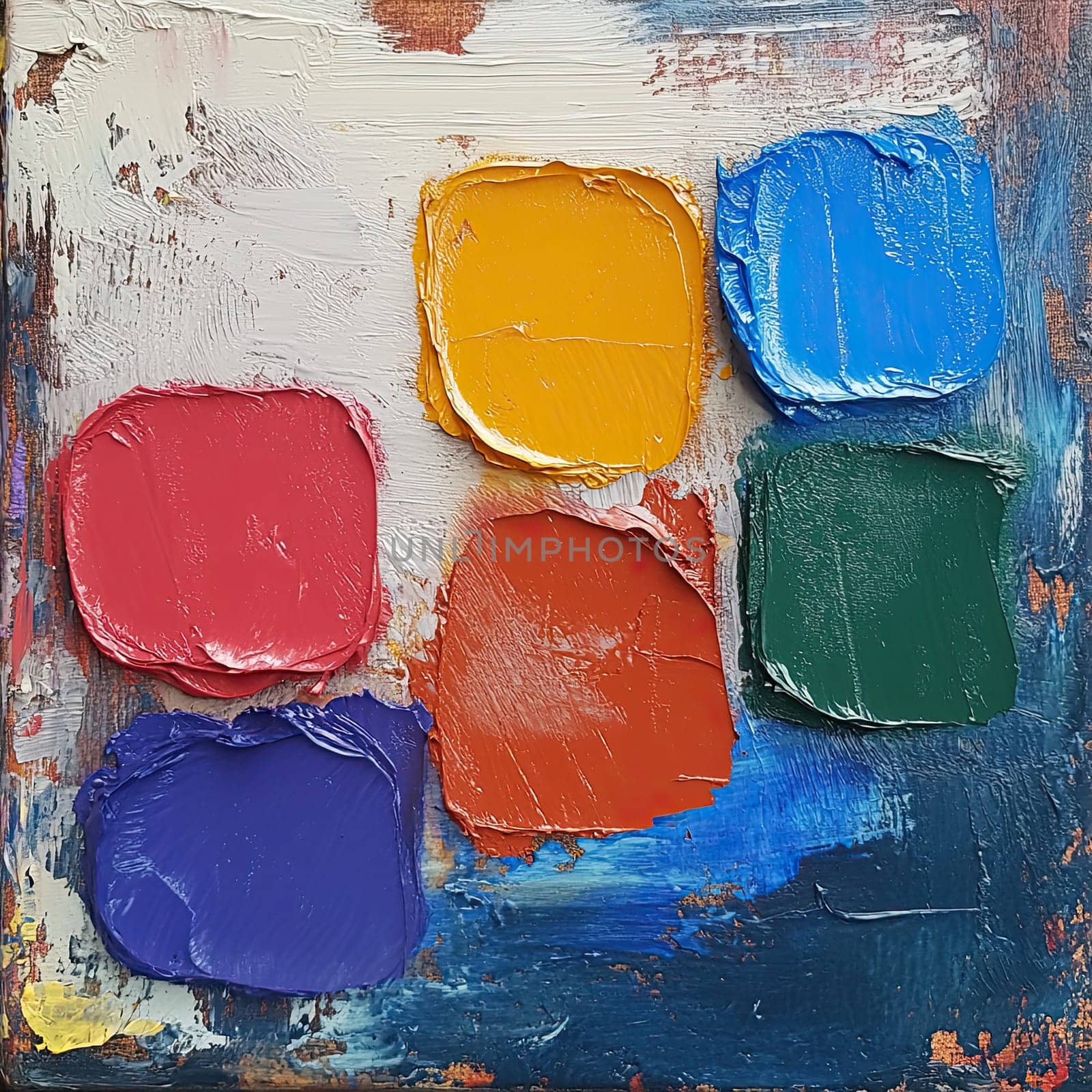 A variety of vibrant oil paints in distinct colors are arranged on a textured canvas, showcasing the artist\'s creative workspace with splashes of color.