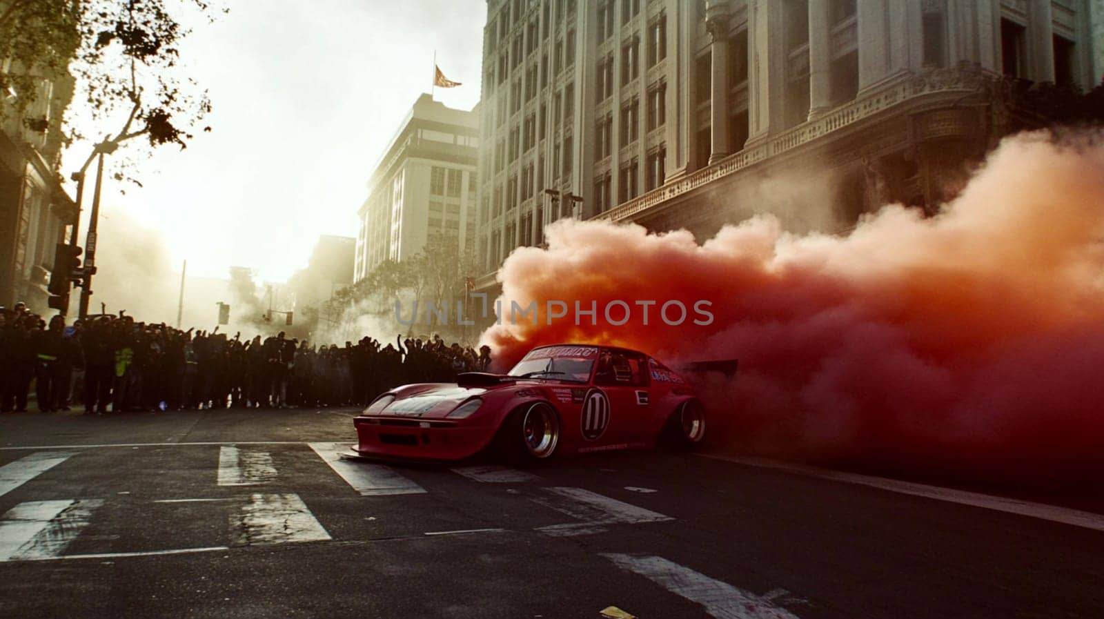 Powerful sports cars race through city streets at sunset, leaving a trail of smoke, thrilling spectators with high speed action