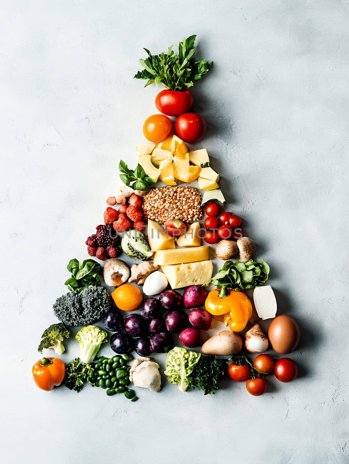 Creative food pyramid layout made with fresh vegetables, fruits, dairy, grains and berries on light gray background, healthy eating concept.