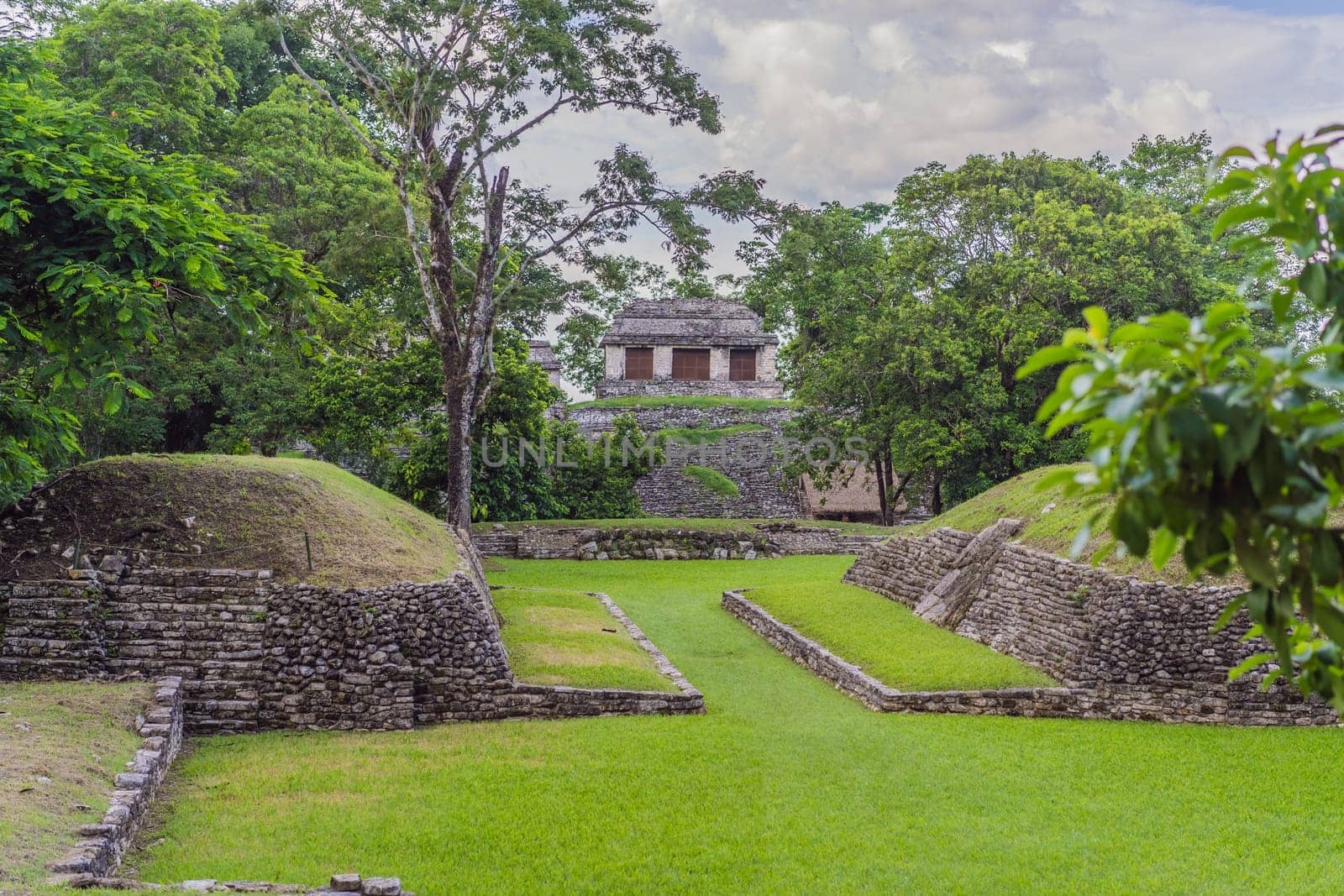 The ancient pyramids of Palenque in Mexico, surrounded by lush jungle. Iconic archaeological site showcasing Mayan culture and history. Travel, history, and adventure concept.