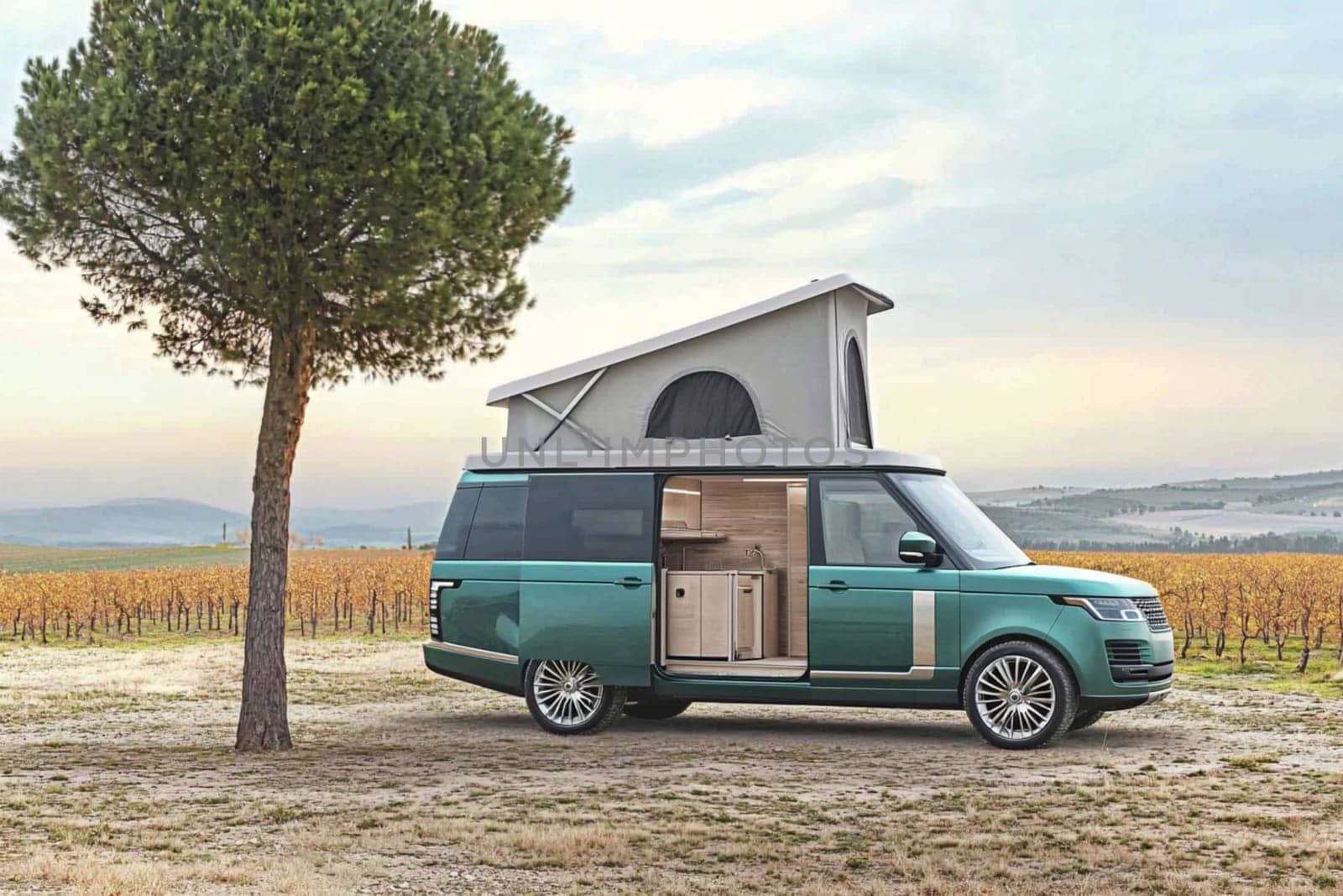 Luxury camper van parked in the countryside with its side door and roof tent open. The van is surrounded by olive trees