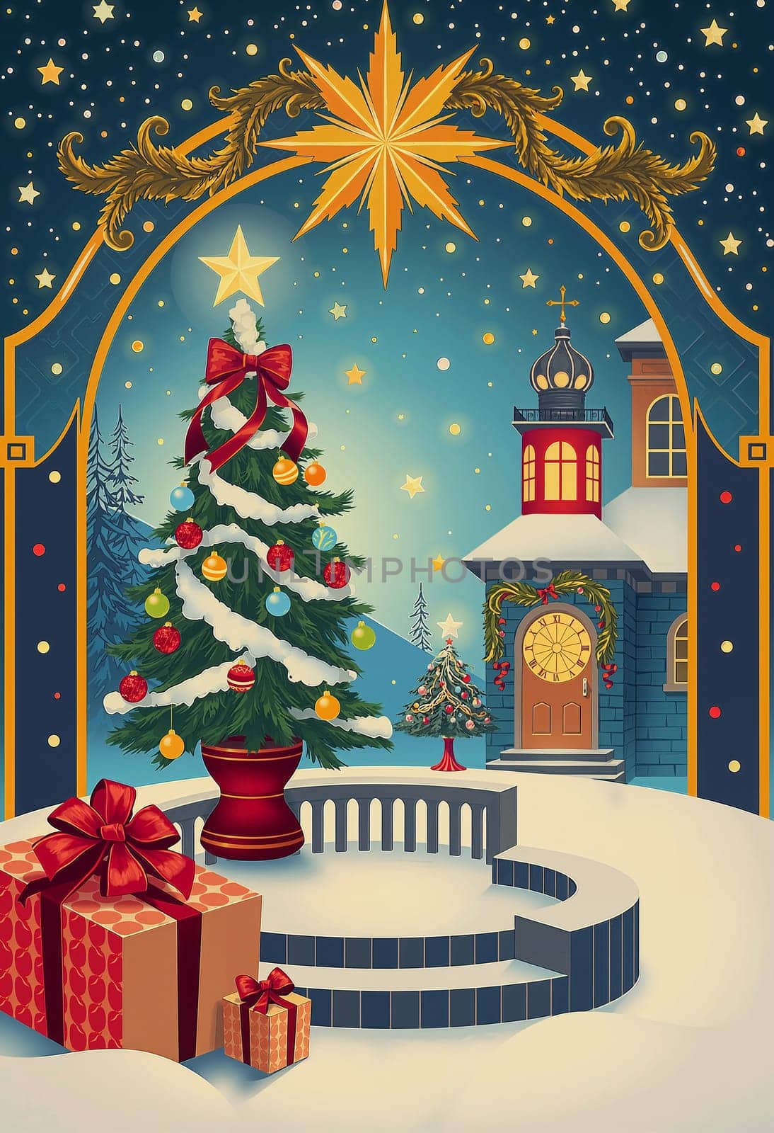 The image presents a festive Christmas scene set against a starry night sky. Dominating the center of the image is a beautifully decorated Christmas tree, adorned with red and gold ornaments and a large red bow on top. To the left of the tree, a red and gold gift box rests on a white pedestal. On the right side of the tree, a blue and gold church with a clock on its front door stands tall. The background is filled with a starry night sky, and a golden star shines brightly above the scene.