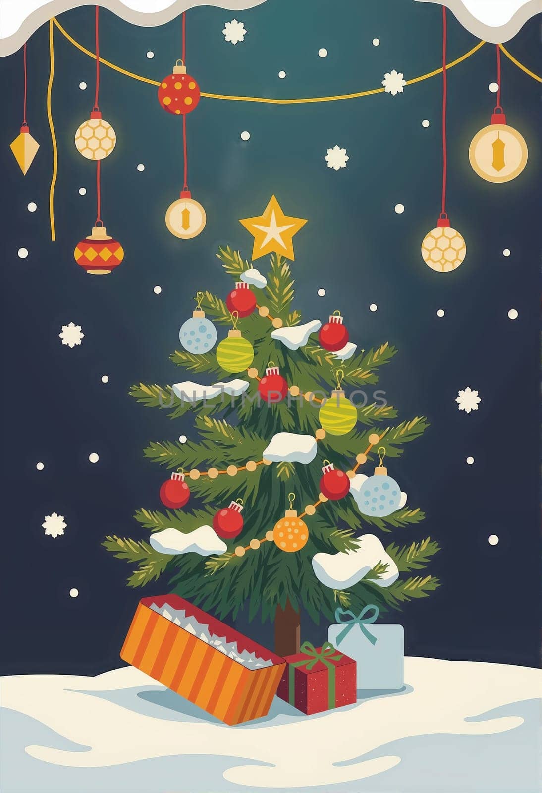 The image depicts a festive Christmas scene set against a dark blue background with white snowflakes. At the center is a Christmas tree adorned with red and gold ornaments, a yellow star, and a red gift box. To the left of the tree, a red and orange striped gift box is visible. On the right side, a white gift box with a green ribbon is present. The tree is surrounded by a string of lights, and the snowflakes are falling from the sky, creating a magical atmosphere.