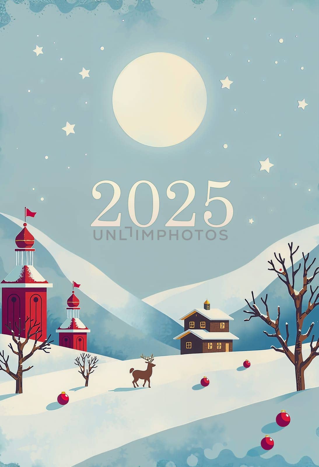 The image presents a serene winter landscape under a clear blue sky. Dominating the center of the image is a large, full moon, casting a soft glow over the scene. In the foreground, a small village is nestled amidst snow-covered mountains, with two red-roofed buildings standing out against the white landscape. A lone deer can be seen grazing peacefully in the snow, and several red ornaments are scattered throughout the scene. The year 2025 is prominently displayed in white text at the top of the image.