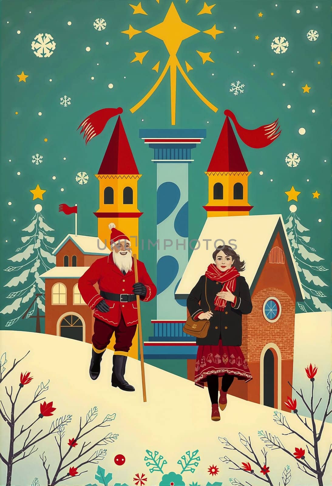 The image presents a festive winter scene with a man dressed as Santa Claus and a woman dressed in a red coat and black hat walking on a snowy hill. They are surrounded by a charming village with a red brick building, a blue and yellow tower, and a green roof. The sky is filled with snowflakes, and a star shines brightly above the scene. The image is adorned with red and green flowers and leaves, and the overall color scheme is predominantly green, red, and yellow.
