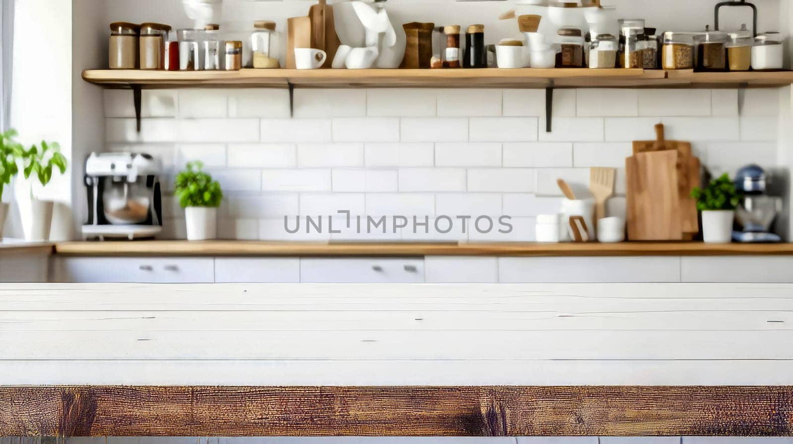 Blurred interior of stylish modern kitchen with massive straight white table for display of products or set of goods.