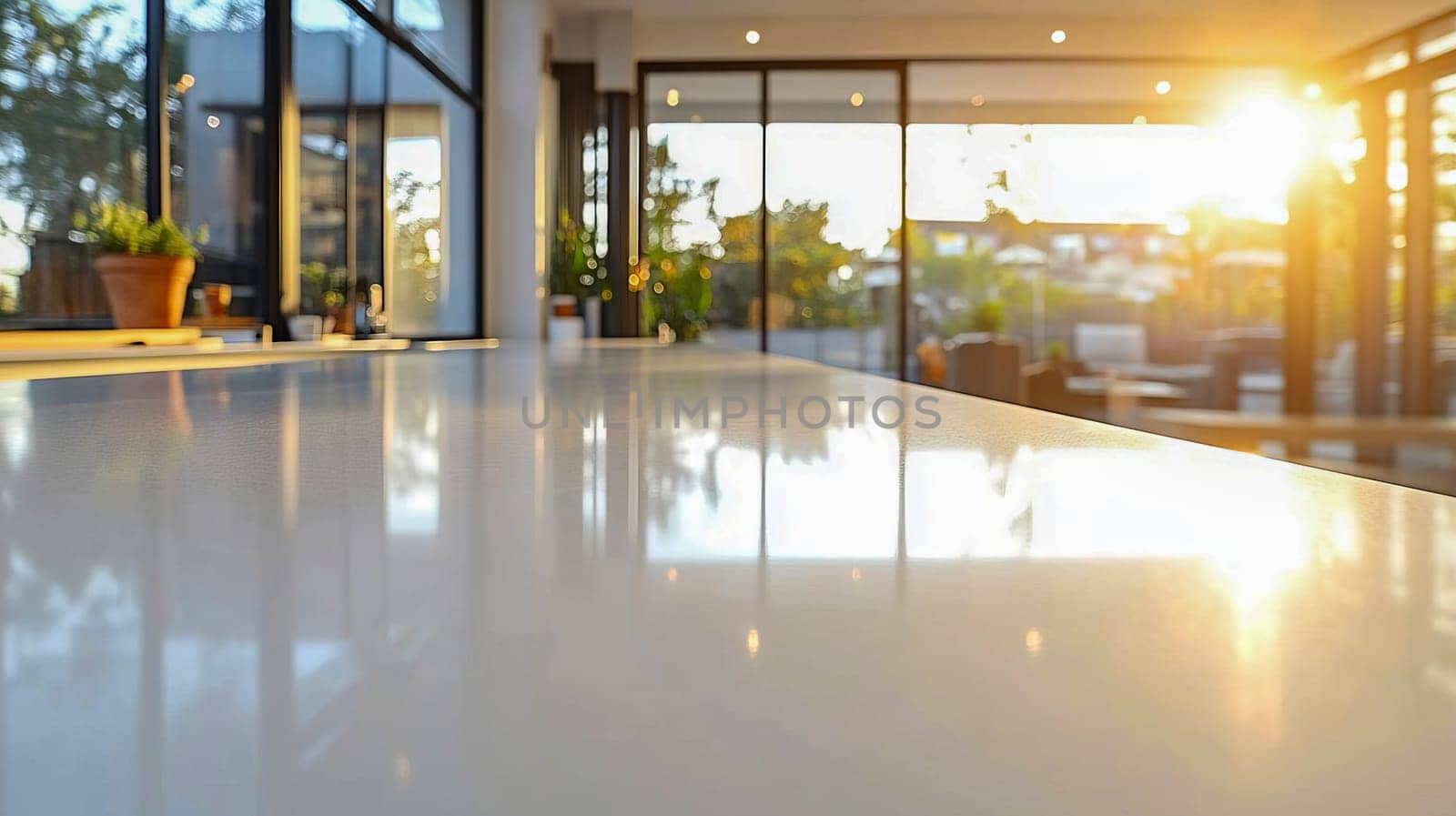 Blurred interior of stylish modern kitchen with massive straight white table for display of products or set of goods.