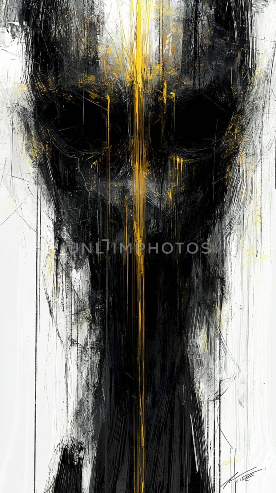 Dark abstract portrait painting showing a screaming face with golden tears, expressing deep emotion and inner turmoil. The artwork uses strong brushstrokes and a contrasting color palette