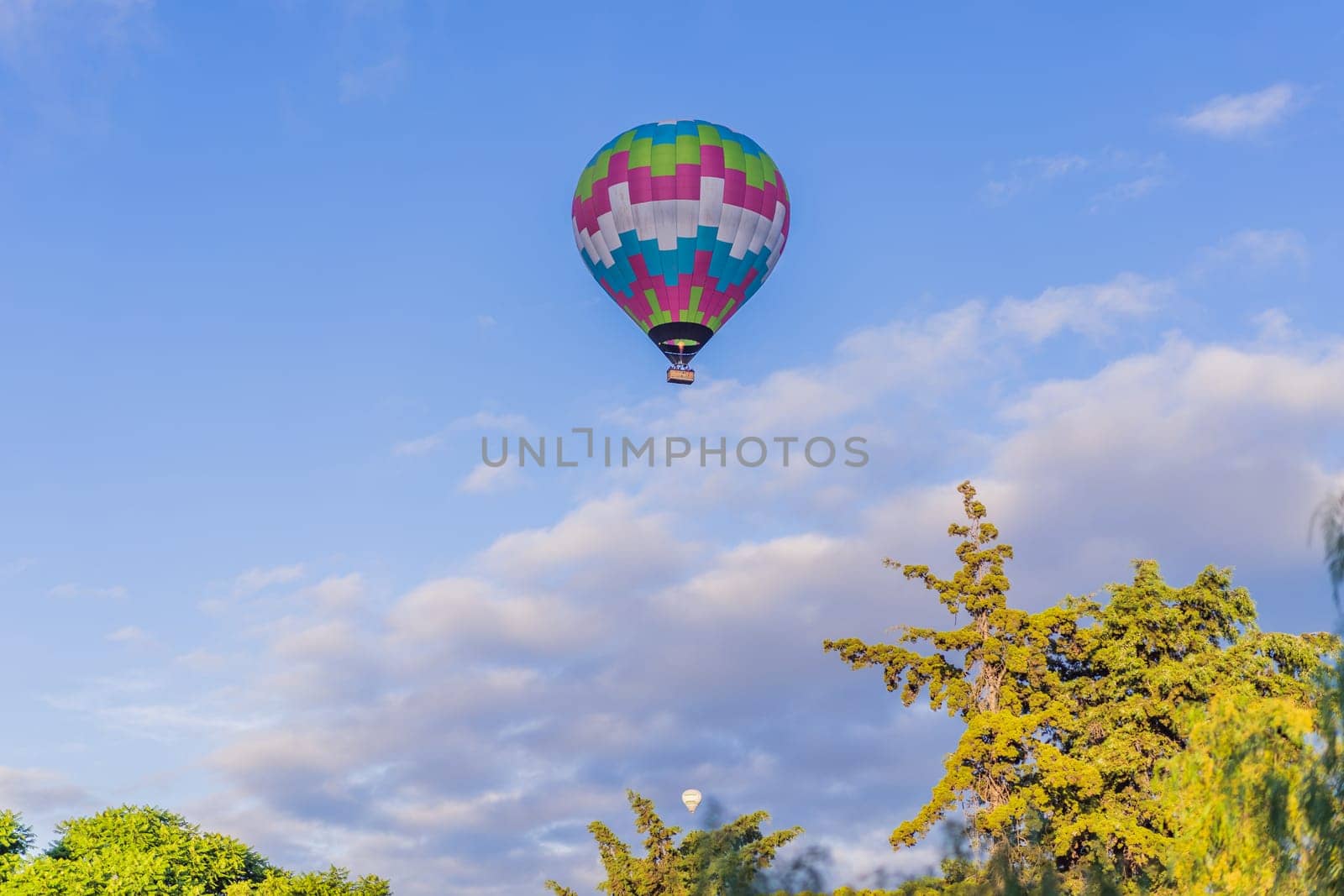 An aerial view of hot air balloons above the Teotihuacan pyramid. Adventure travel, cultural heritage, and aerial exploration concept.