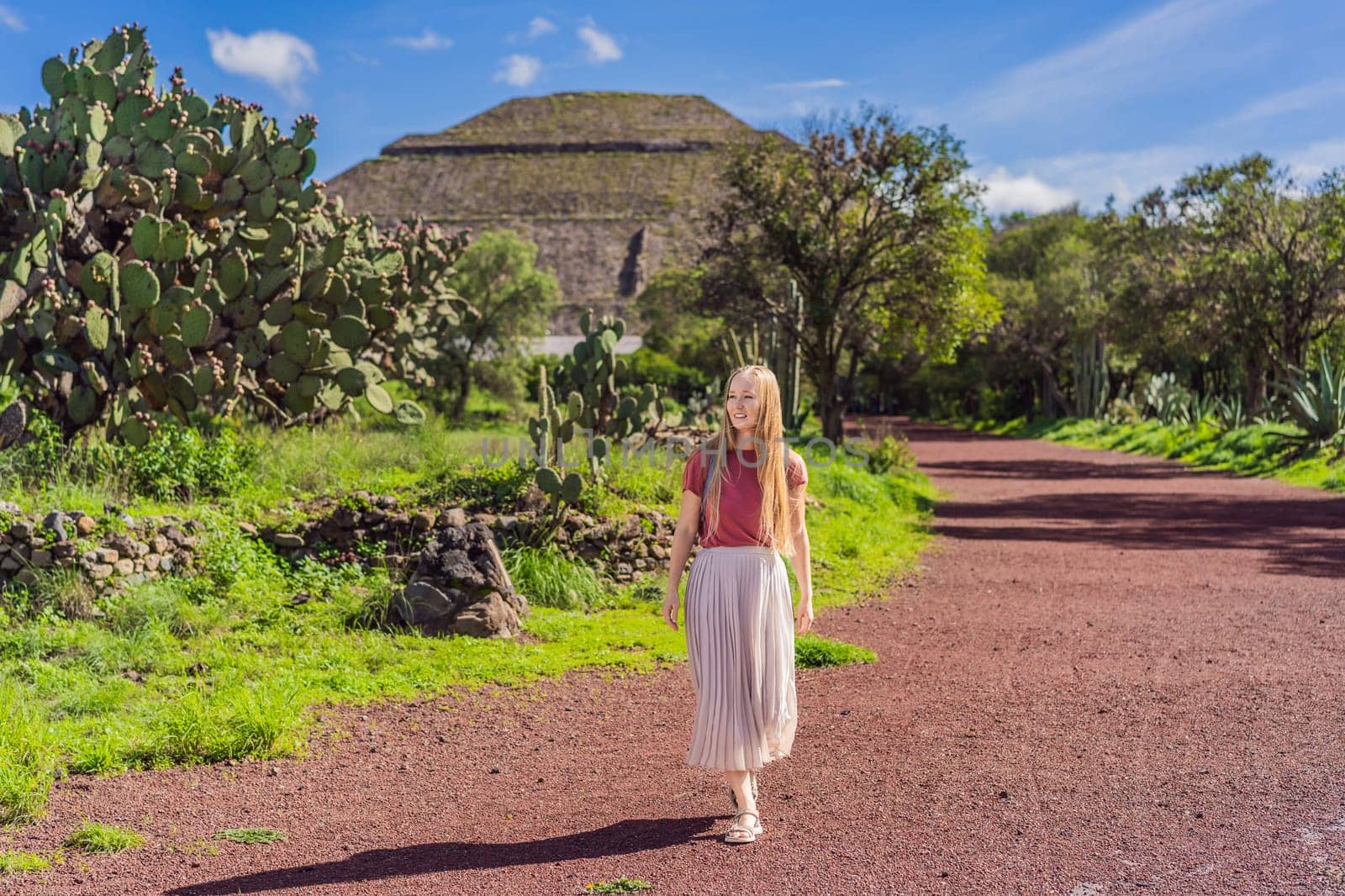 Female tourist exploring Teotihuacan, Mexico. Cultural heritage, ancient ruins, and archaeological adventure concept.