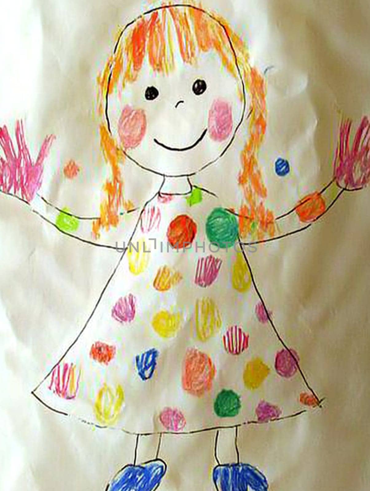 Colorful child's drawing of happy girl in polka dot dress, hands raised in joy, radiating playfulness and creativity on white background. Cheerful representation of happy childhood through art