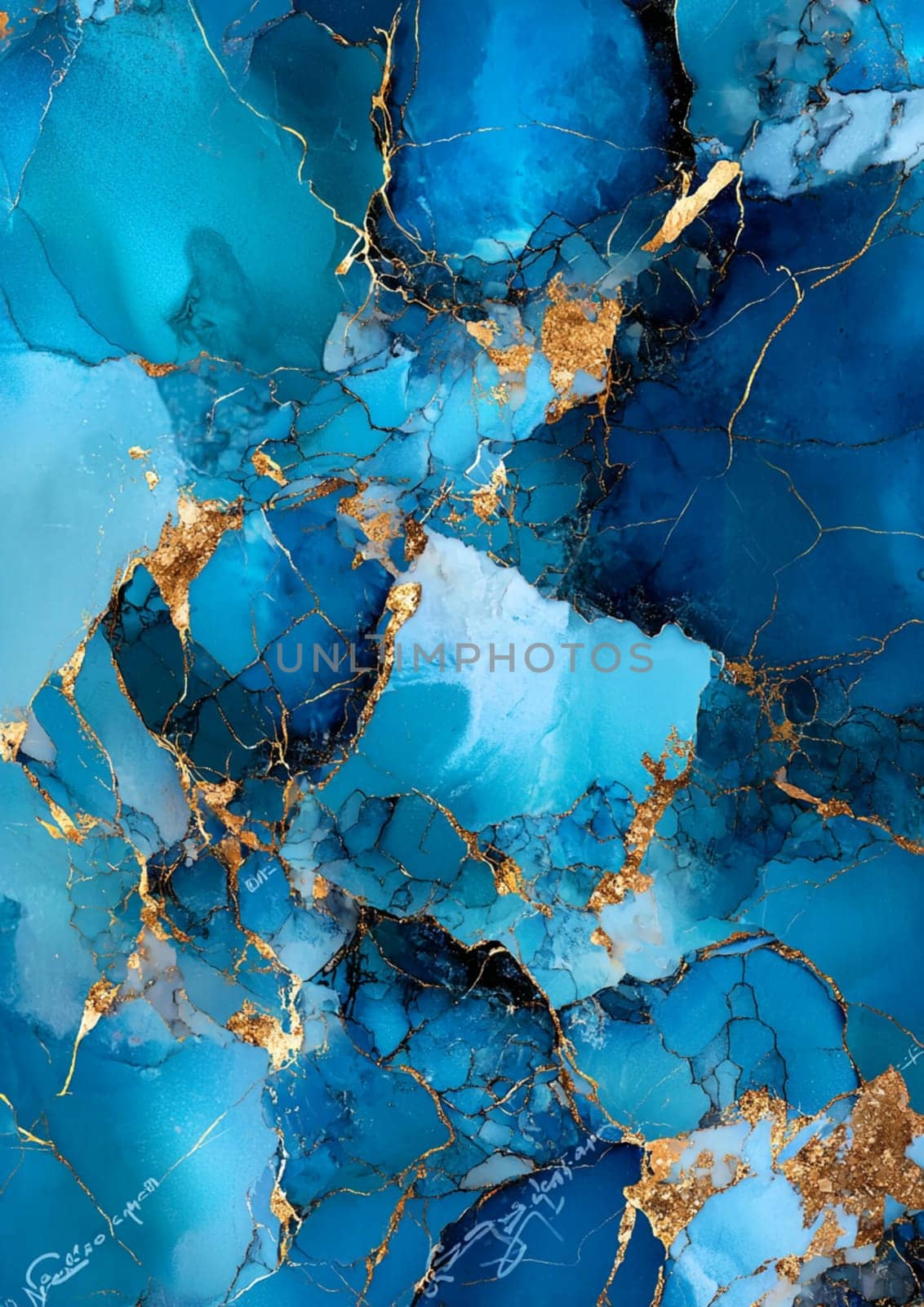 A mesmerizing display of blue and gold abstract art features flowing patterns and glimmering accents. The intricate swirls create depth and visual interest, inviting closer examination.