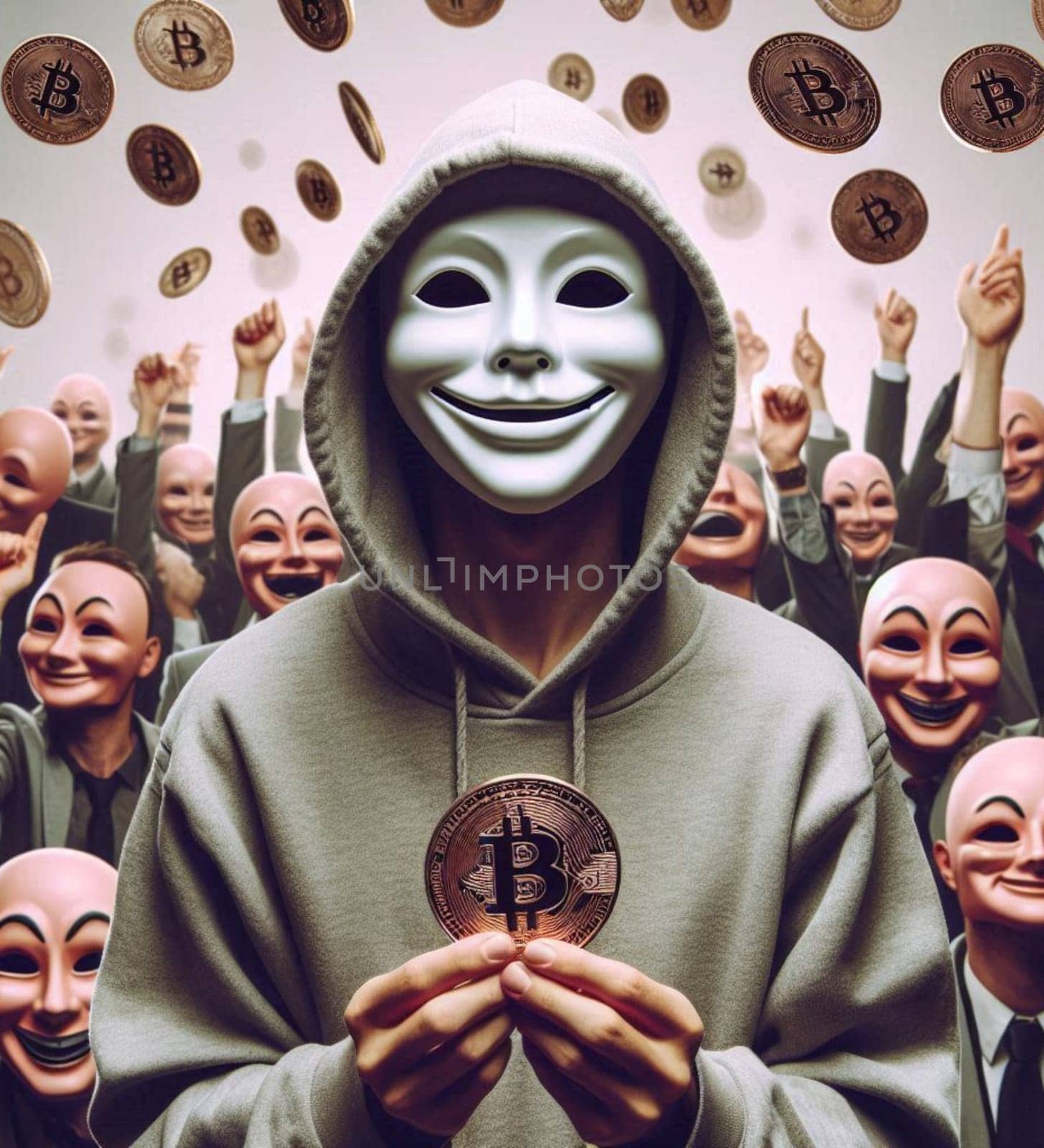 A man in a mask holding a coin with the letter B on it. The man is surrounded by other people in masks