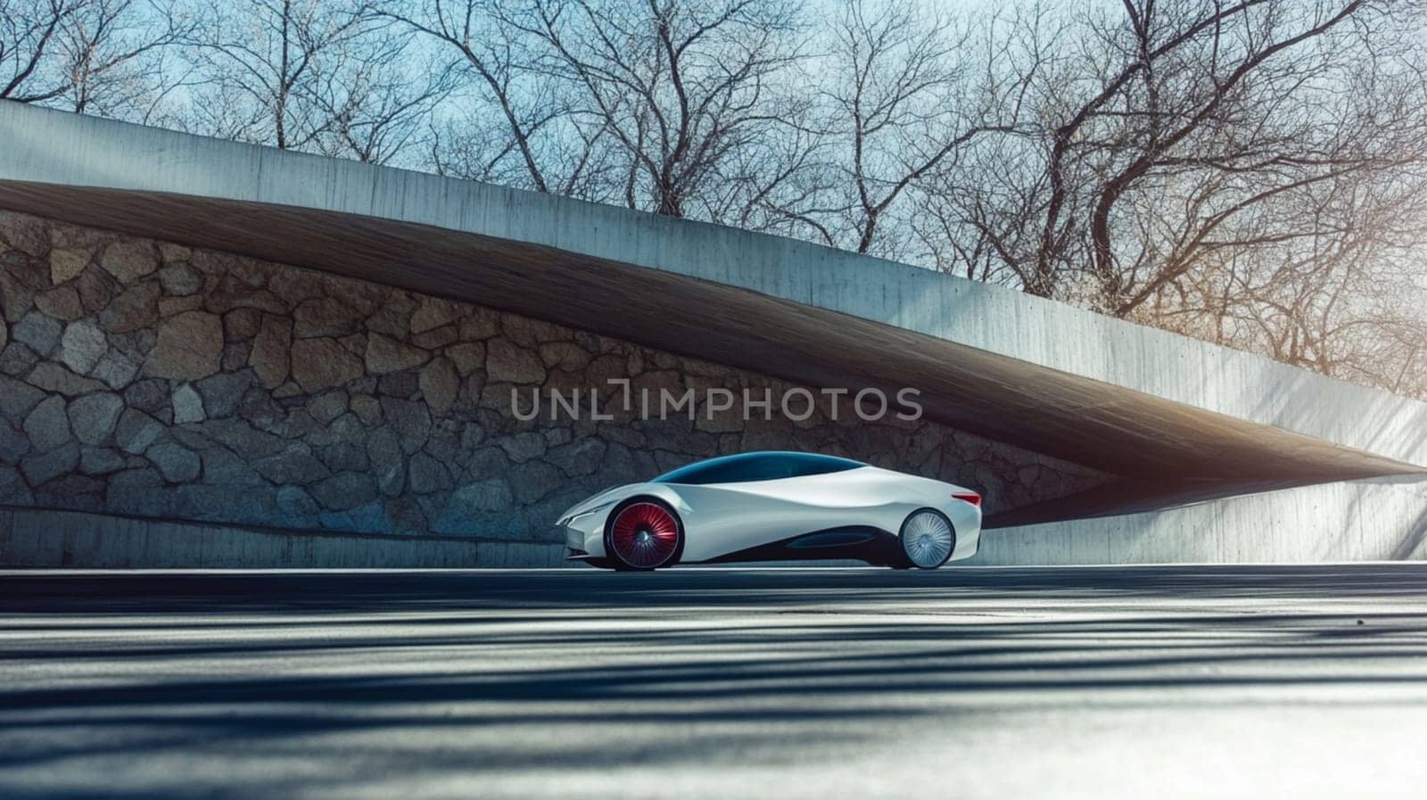 Futuristic electric car with an aerodynamic design is parked on a paved road, under a modern architectural structure, showcasing the future of transportation
