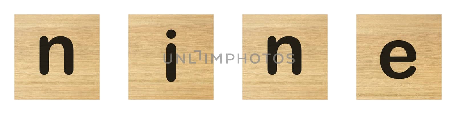 Nine word with wood blocks on white