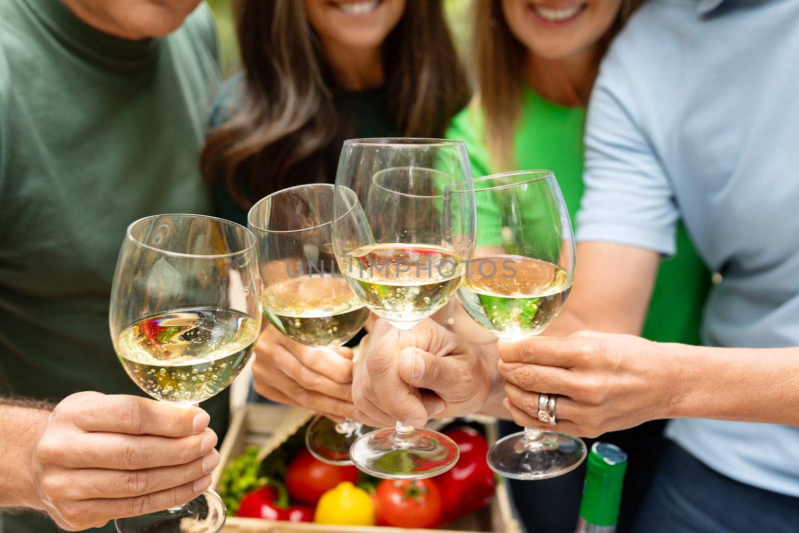 A group of friends are gathered outdoors, smiling and raising glasses filled with a light beverage. They enjoy each other's company in a vibrant, green environment surrounded by fresh produce.