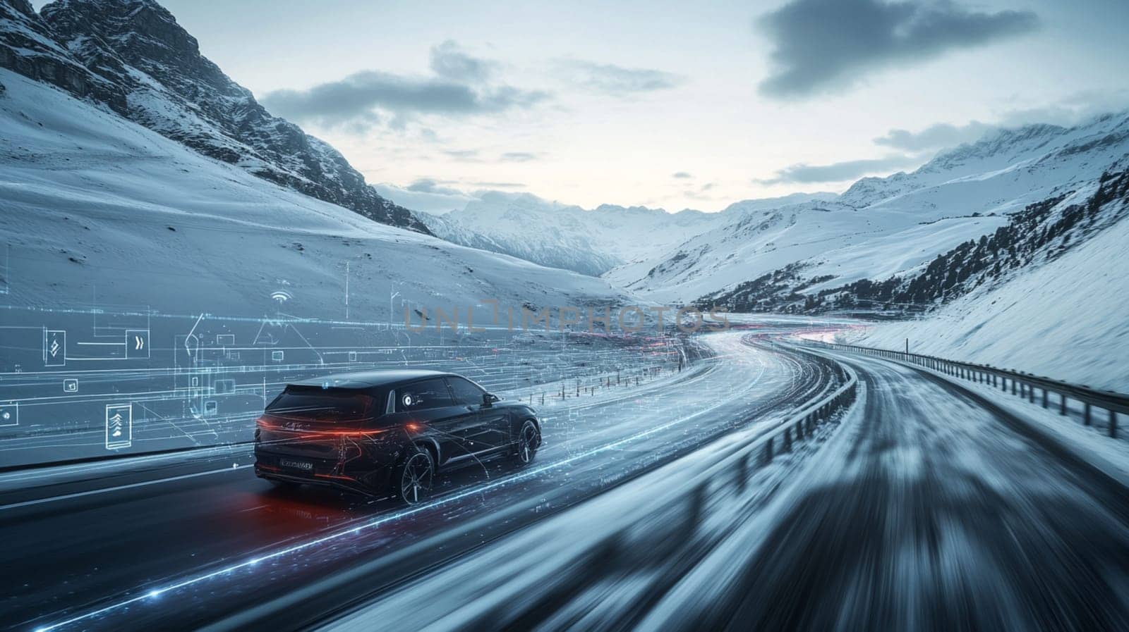 Green electric car is driving itself on a scenic country road at sunset, using artificial intelligence and machine learning