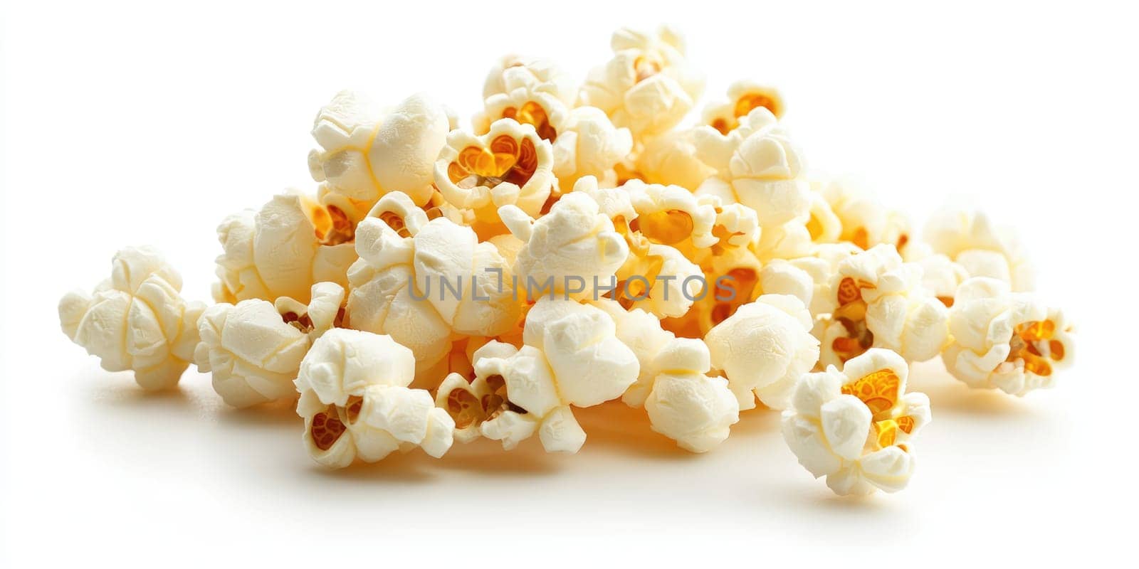 Isolated popcorn kernels on white background for snack and movie night themes.