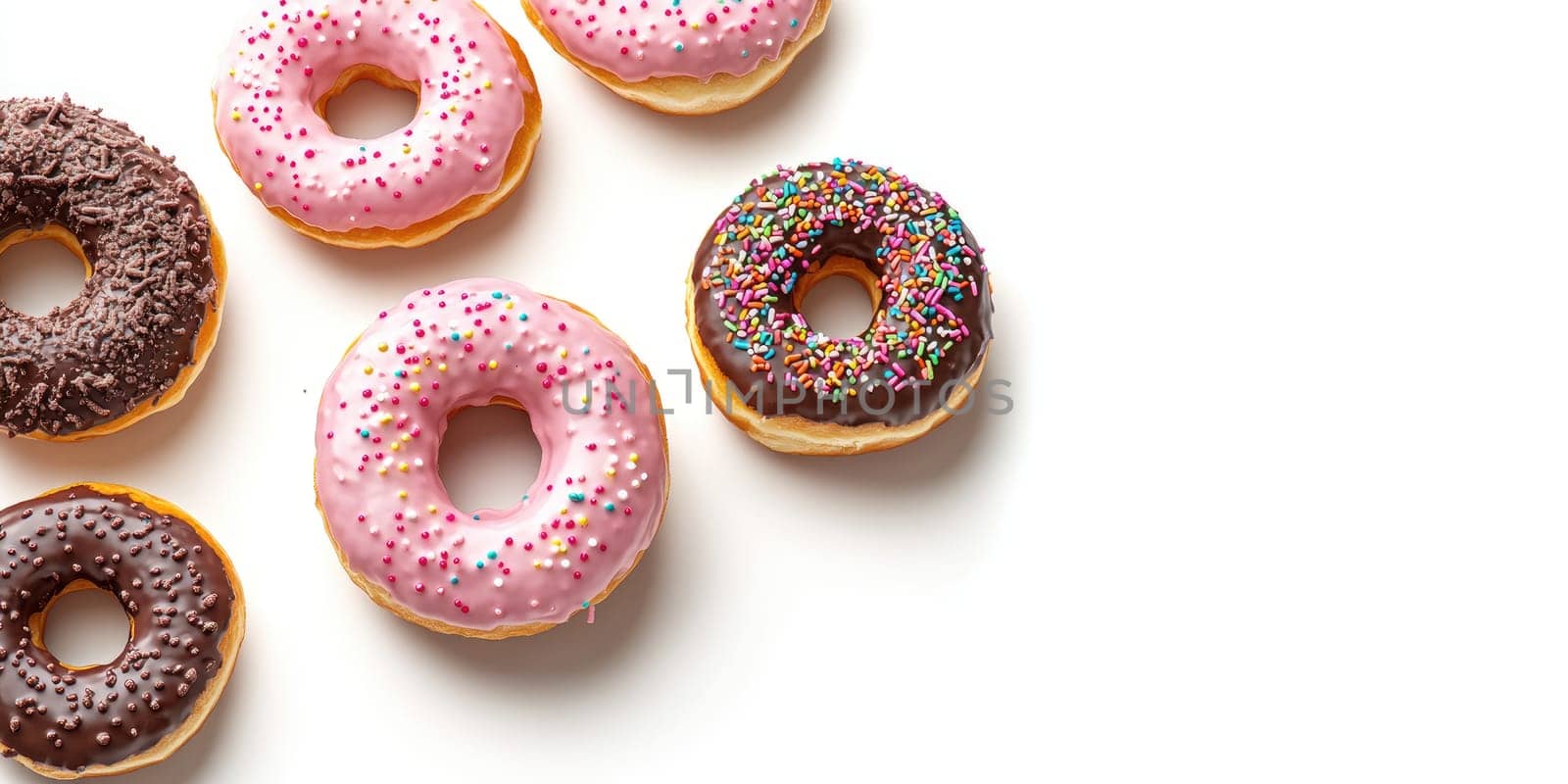 Colorful donuts on white background for dessert inspiration and design.
