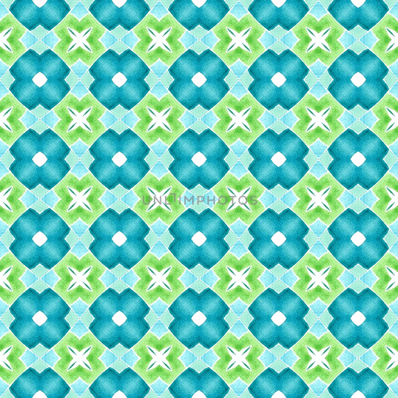 Watercolor ikat repeating tile border. Green dazzling boho chic summer design. Textile ready classic print, swimwear fabric, wallpaper, wrapping. Ikat repeating swimwear design.