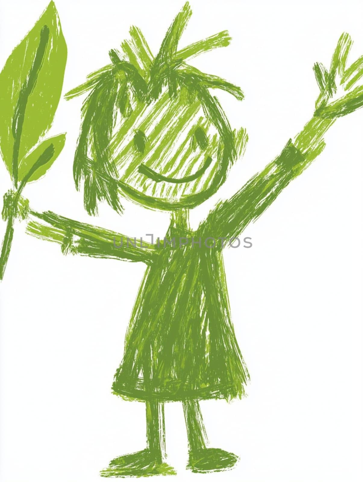 Simple, green crayon drawing of a smiling child holding a leaf and waving, symbolizing environmental awareness and the importance of eco friendly practices