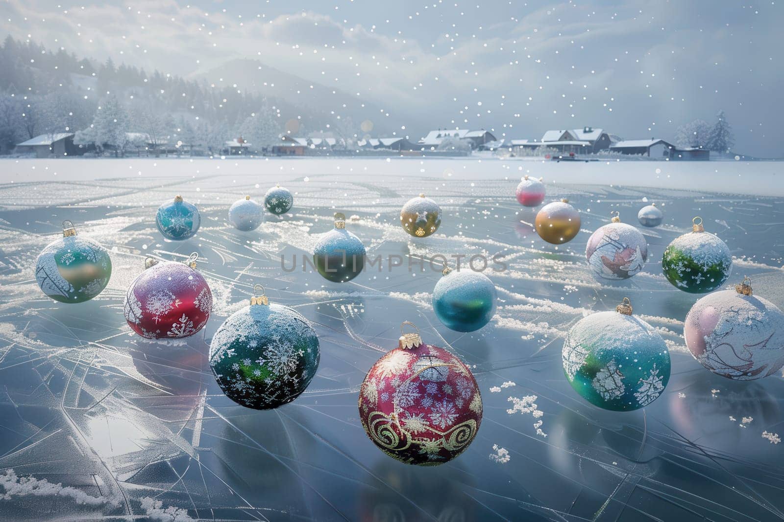 A serene and picturesque winter scene that features vibrant and colorful Christmas ornaments on a frozen lake