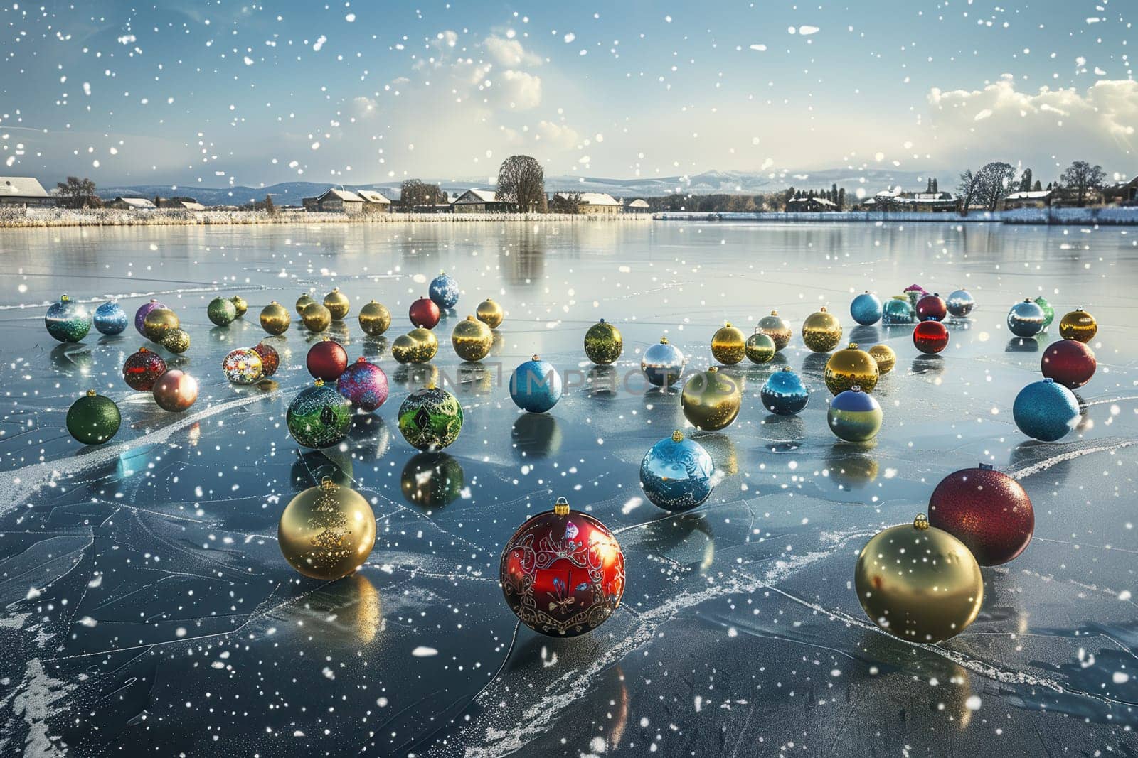 Colorful ornaments scatter beautifully across the ice as snowflakes gently fall, forming a vibrant winter scene