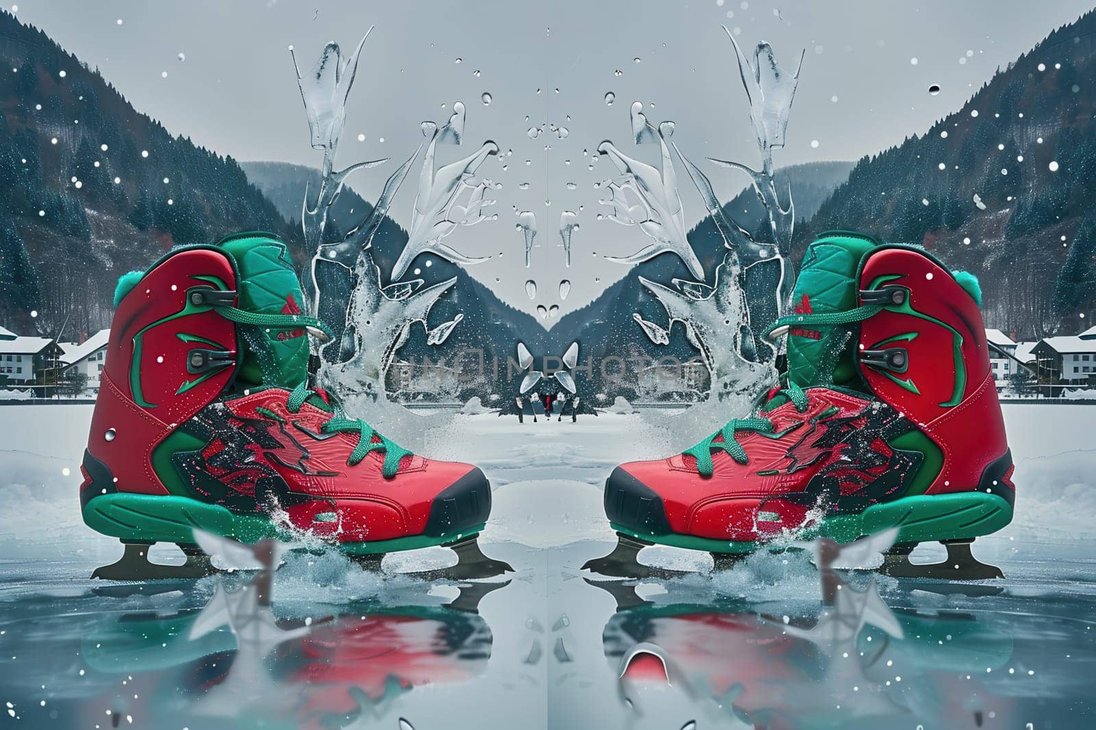 Dynamic red and green sports shoes energetically splashing in icy cold water against a picturesque mountainous backdrop