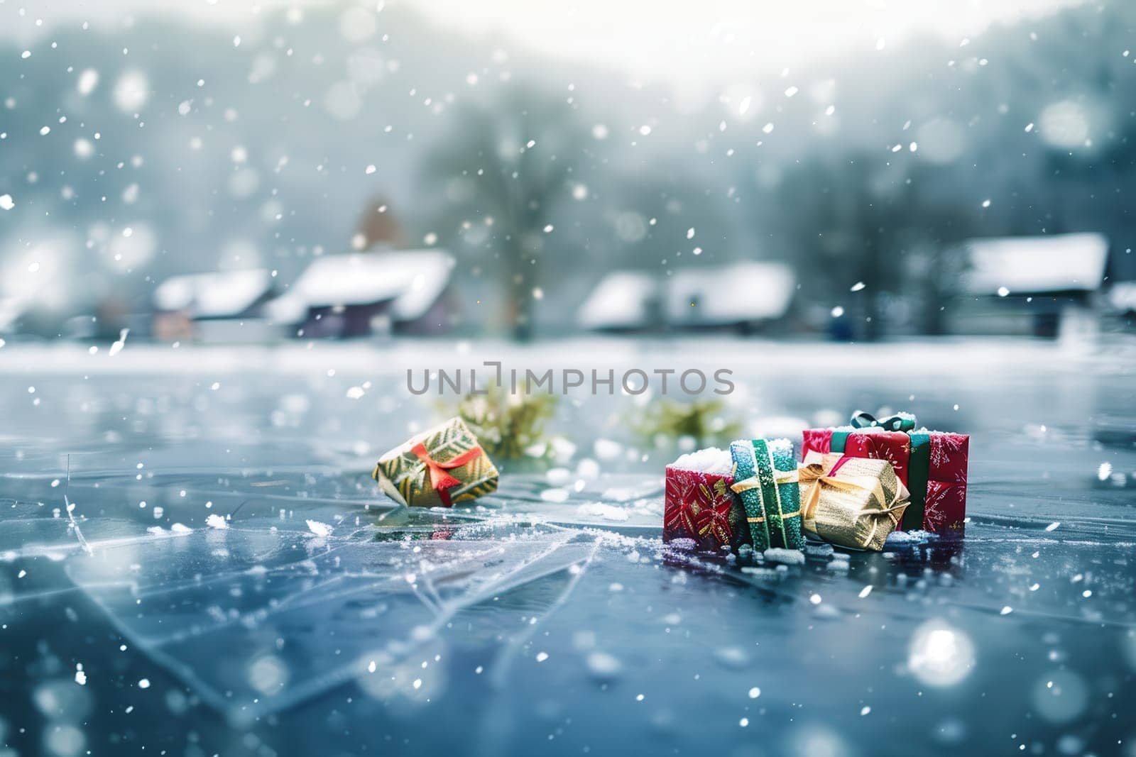 Festive wrapped gifts in colorful paper are scattered across a frozen surface amidst a beautiful snowy Christmas scene