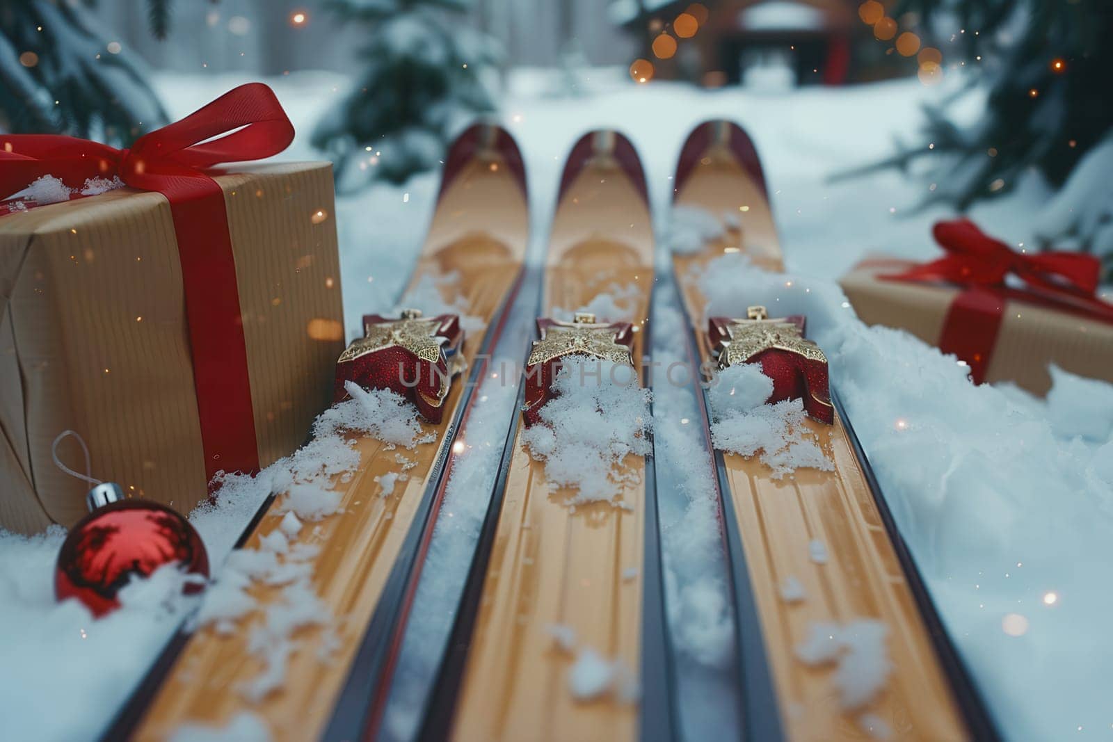The cozy winter atmosphere comes alive with skis, fresh snow, and festive gifts that create a delightful holiday vibe