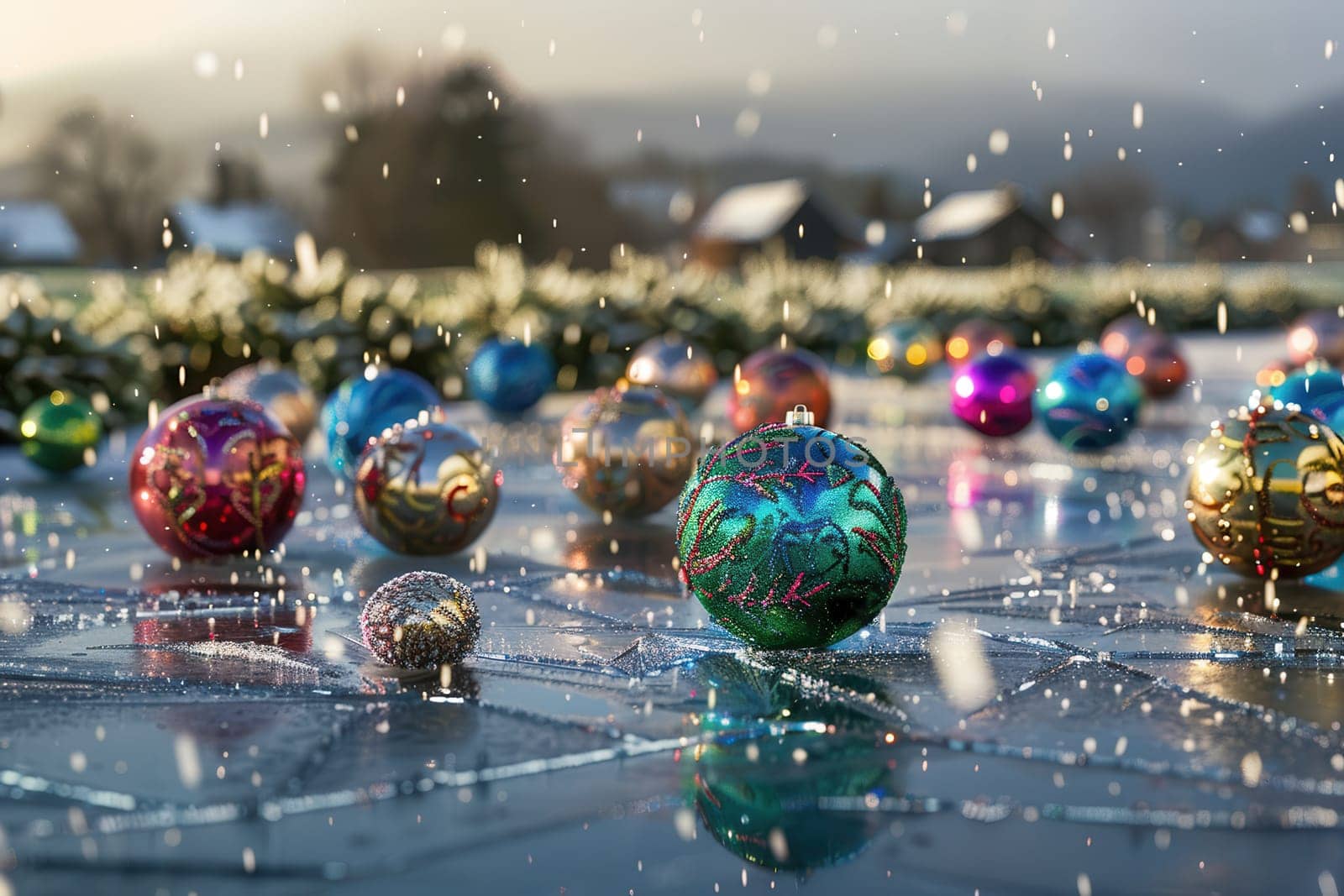 Vibrant festive ornaments scattered on a snowy surface, capturing the essence of winter celebrations.