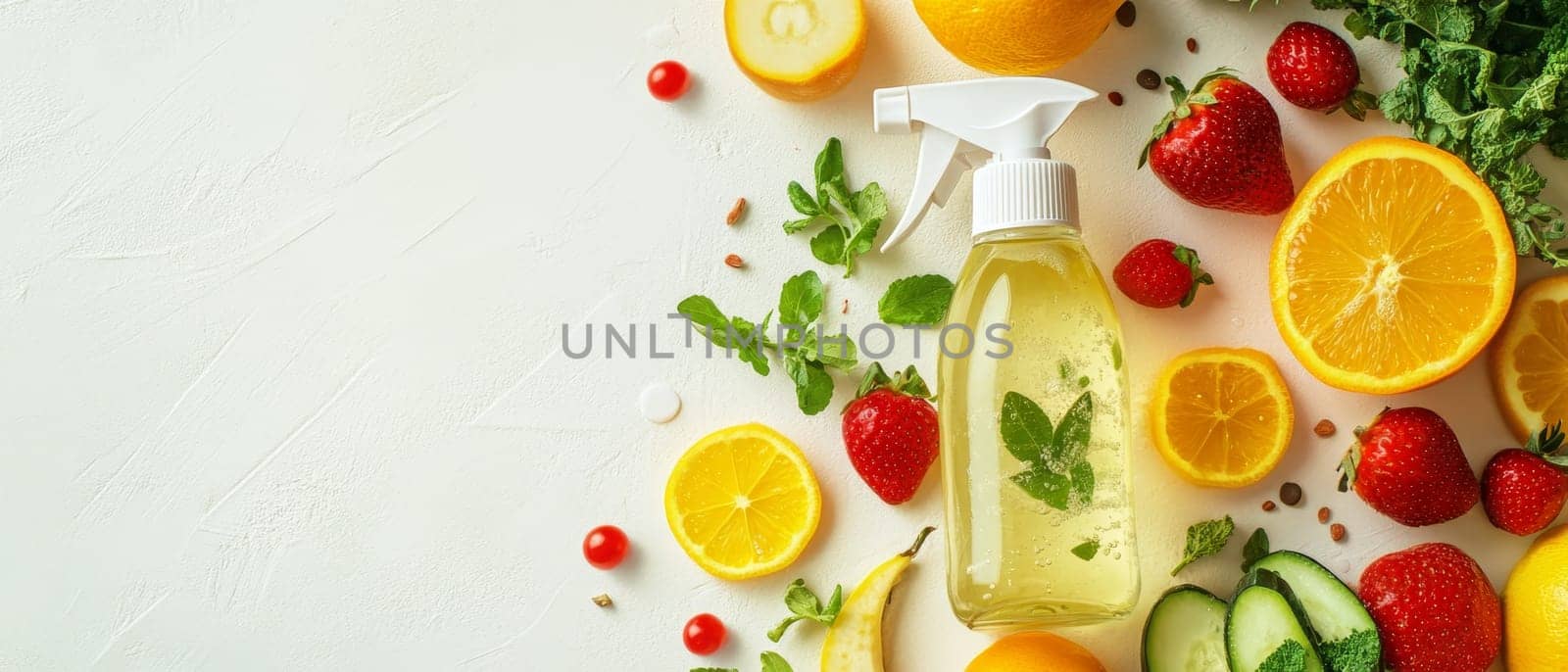 A spray bottle with fresh fruits and herbs on a textured white background, offering a natural vibe.