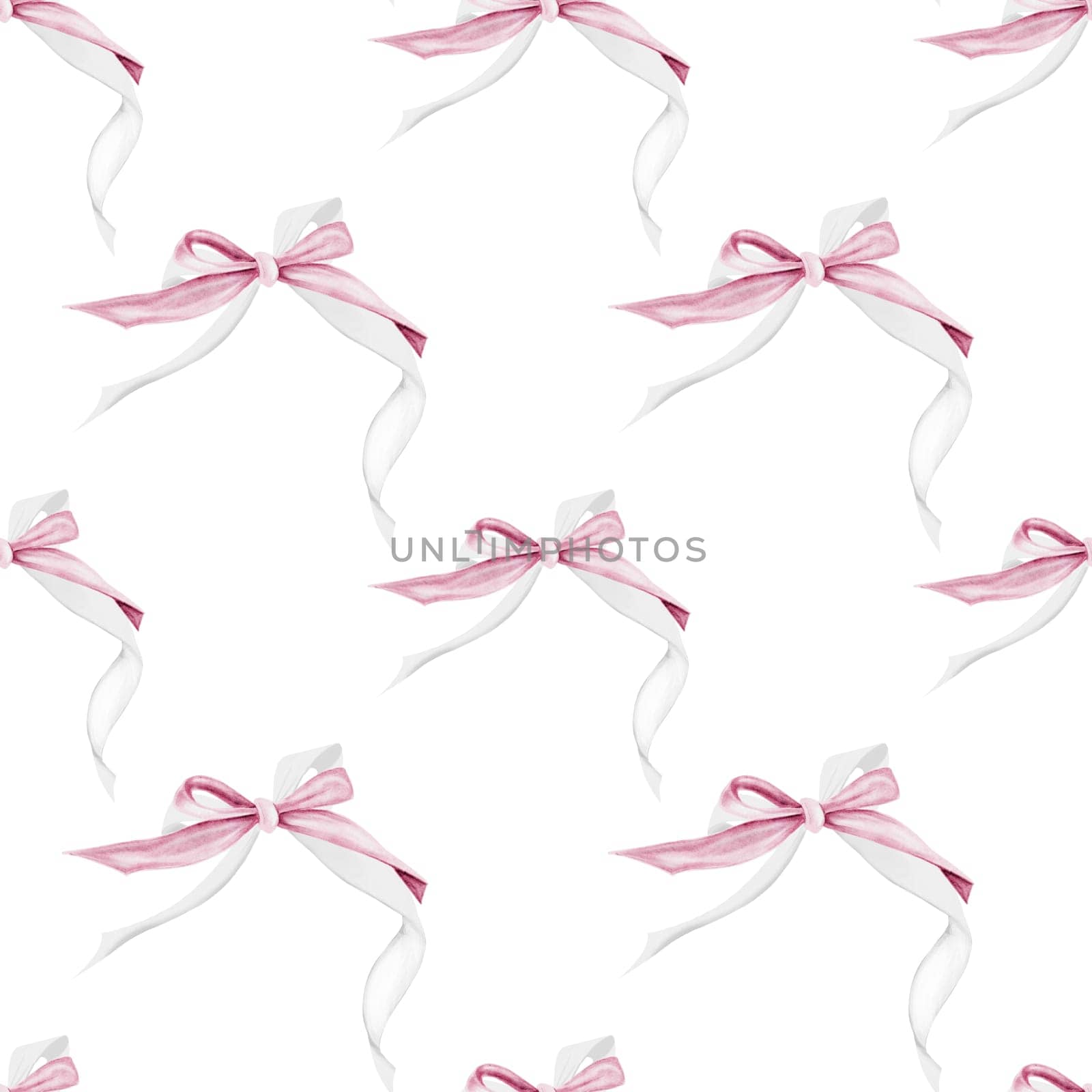 Watercolor bows pattern. Hand drawn elegant tied ribbons on isolated white background. Ornament for printing on baby textiles and packaging. For little princesses. High quality illustration