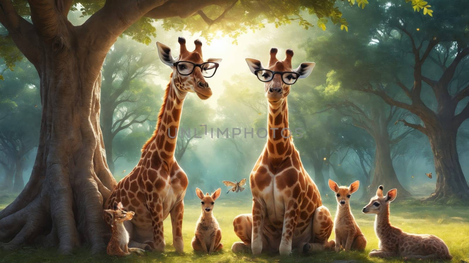 A group of playful giraffes relaxes in the shade of a large tree with golden sunlight filtering through leaves. Nearby, various animals enjoy the tranquil atmosphere of the African savanna.