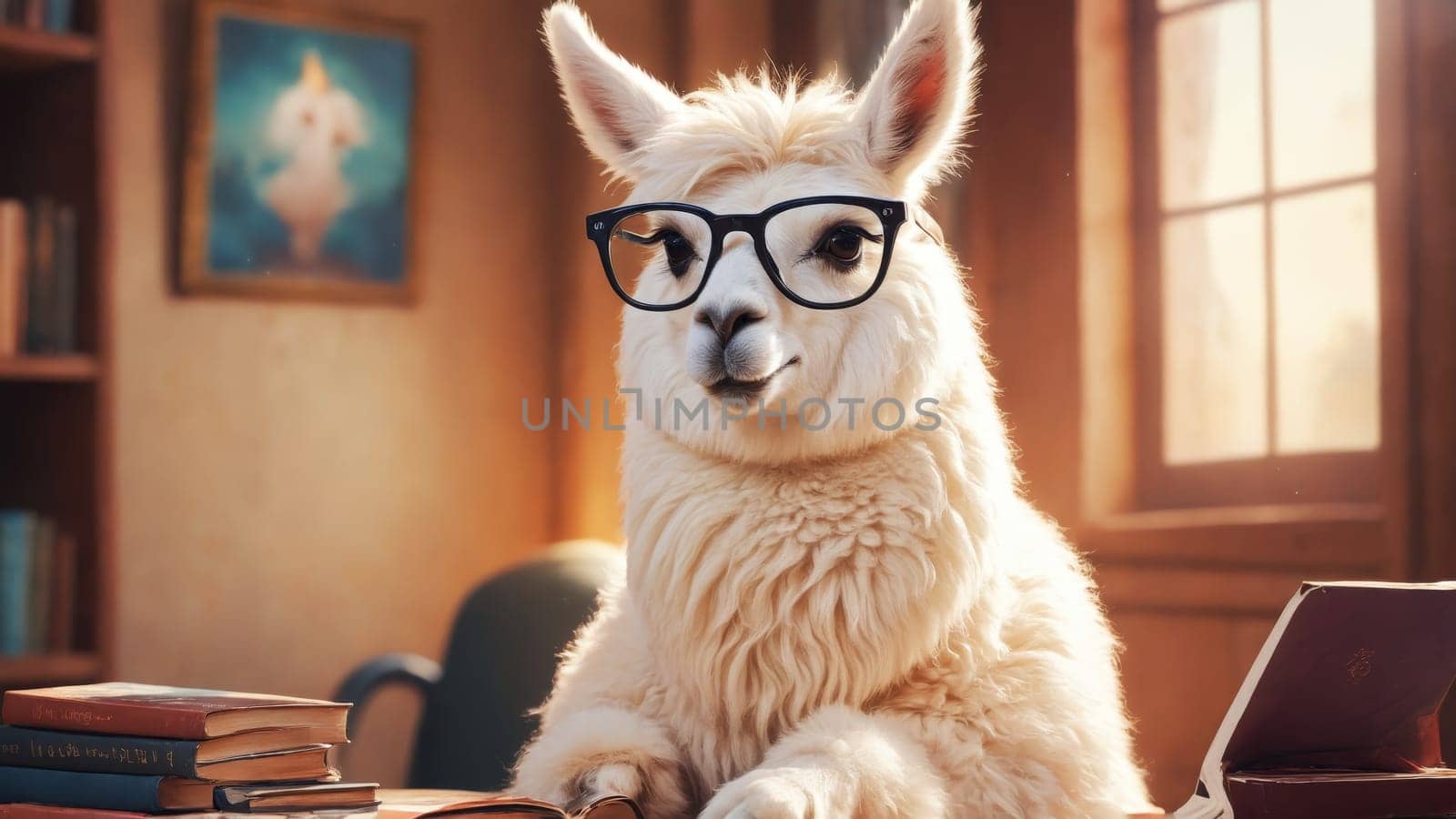 In a charming library, a llama wearing glasses holds an open book, radiating wisdom. The warm atmosphere is enhanced by wooden shelves packed with books, creating an inviting space for reading.