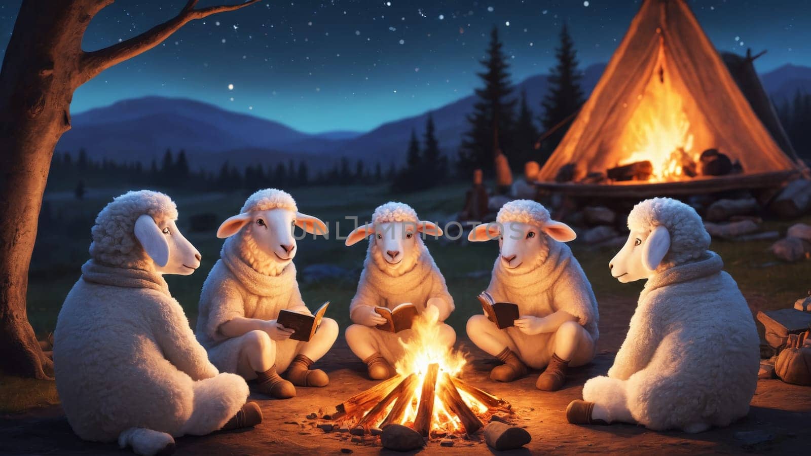 A group of sheep sits in a circle by a warm campfire, reading books while the starry sky glimmers above. The peaceful mountains provide a stunning backdrop to their cozy gathering at dusk.