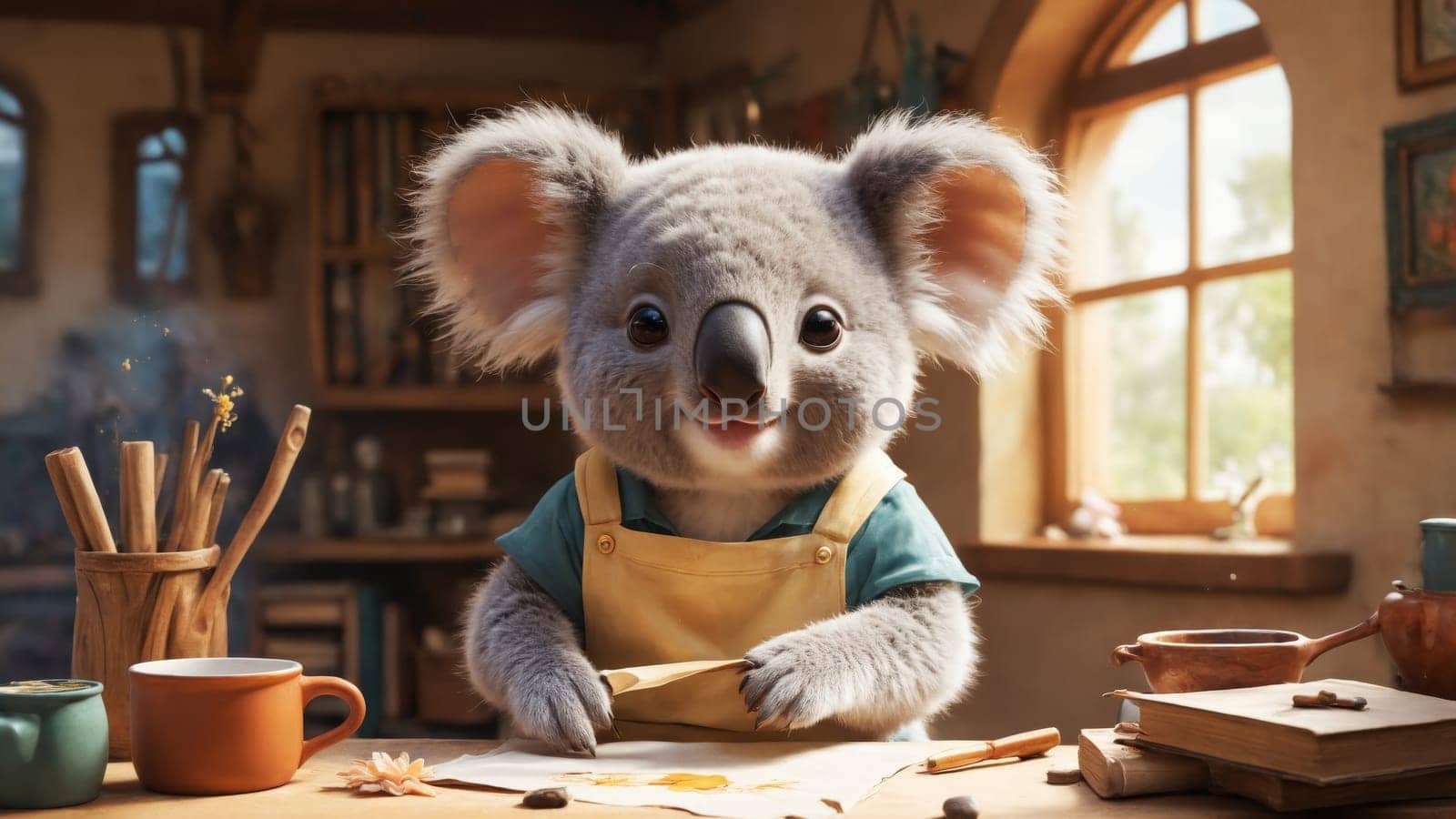 In a charming woodland workshop, a joyful koala dons an apron while crafting by candlelight. Tools surround it, capturing the warmth of creativity in the tranquil twilight glow.