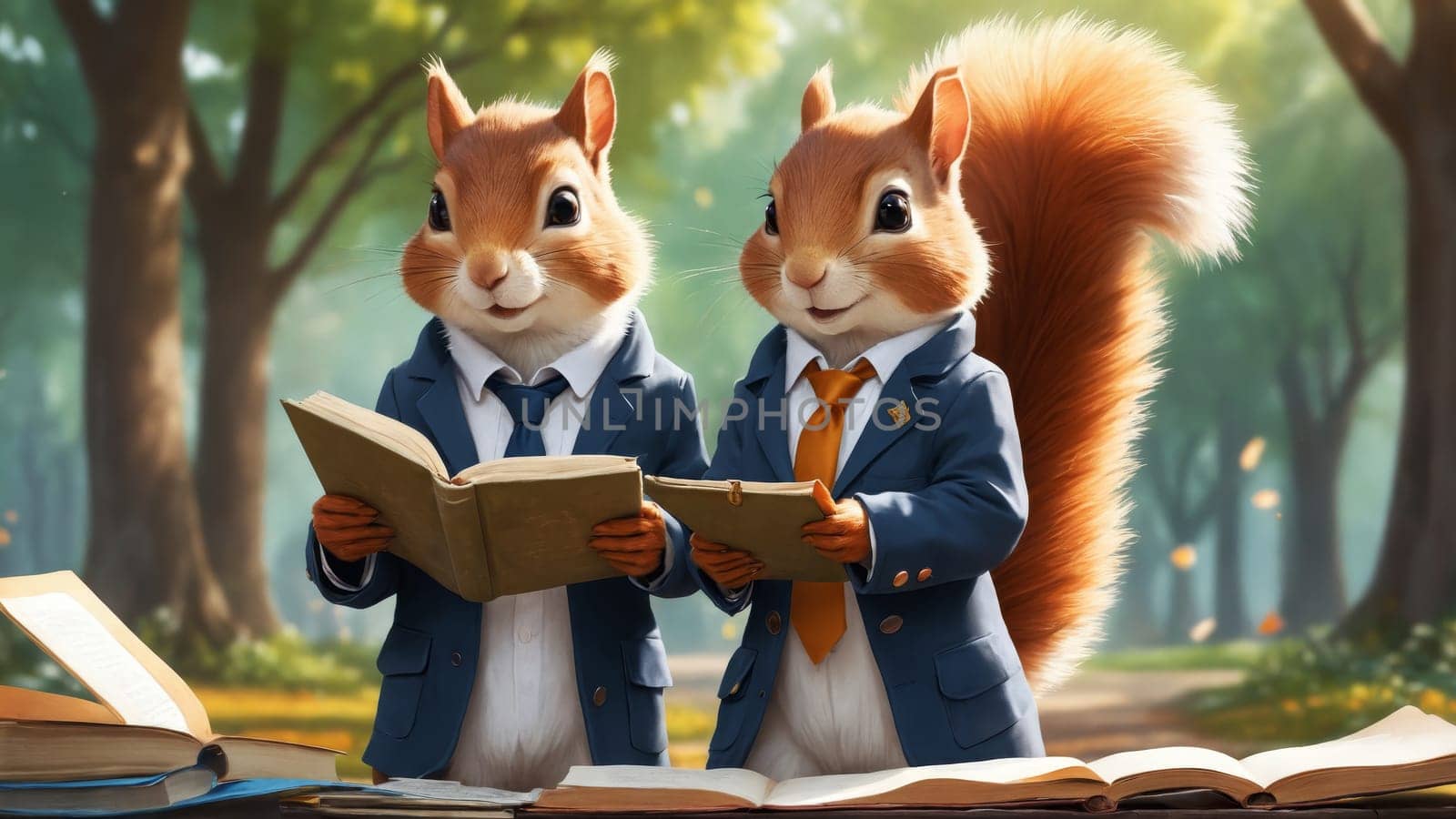 In a vibrant park on a sunny day, a dapper squirrel dressed in a blue suit eagerly reads a book, surrounded by people enjoying the outdoors, creating a whimsical atmosphere filled with joy.
