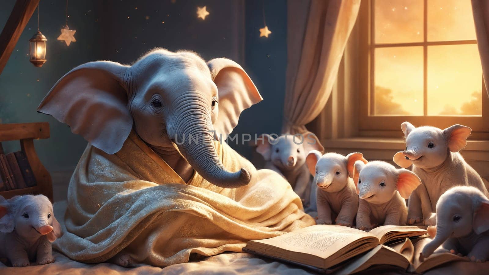 Beneath a twinkling celestial canopy, a wise elephant gently reads stories to a group of eager young elephants, all snuggled together in warmth and wonder, surrounded by moonlit tranquility.