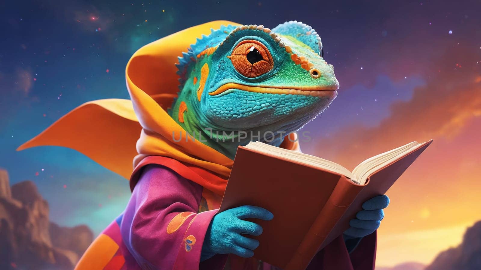 A charming gecko with vivid turquoise skin, dressed in a flowing purple cloak, reads a book, immersed in a world of magic and wonder. The twilight backdrop adds to the enchanting atmosphere.