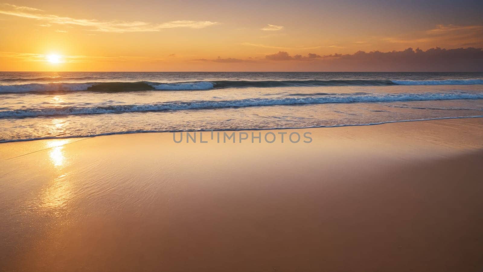 As the sun sets over the horizon, golden light dances on the gentle waves, illuminating the tranquil beach with a warm glow, inviting relaxation and reflection.
