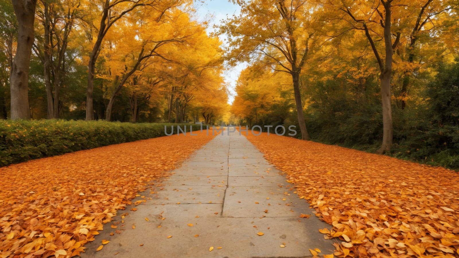 A serene walkway stretches ahead, surrounded by vibrant trees adorned with golden foliage. Leaves blanket the path, creating a picturesque environment perfect for leisurely evening walks.