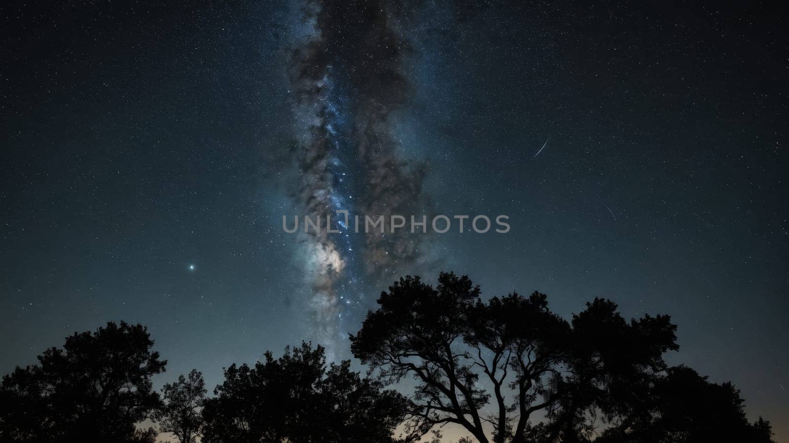 A stunning display of the Milky Way stretches across the night sky, illuminating the tranquil scene below. Silhouetted trees frame the celestial wonder, creating a peaceful atmosphere.