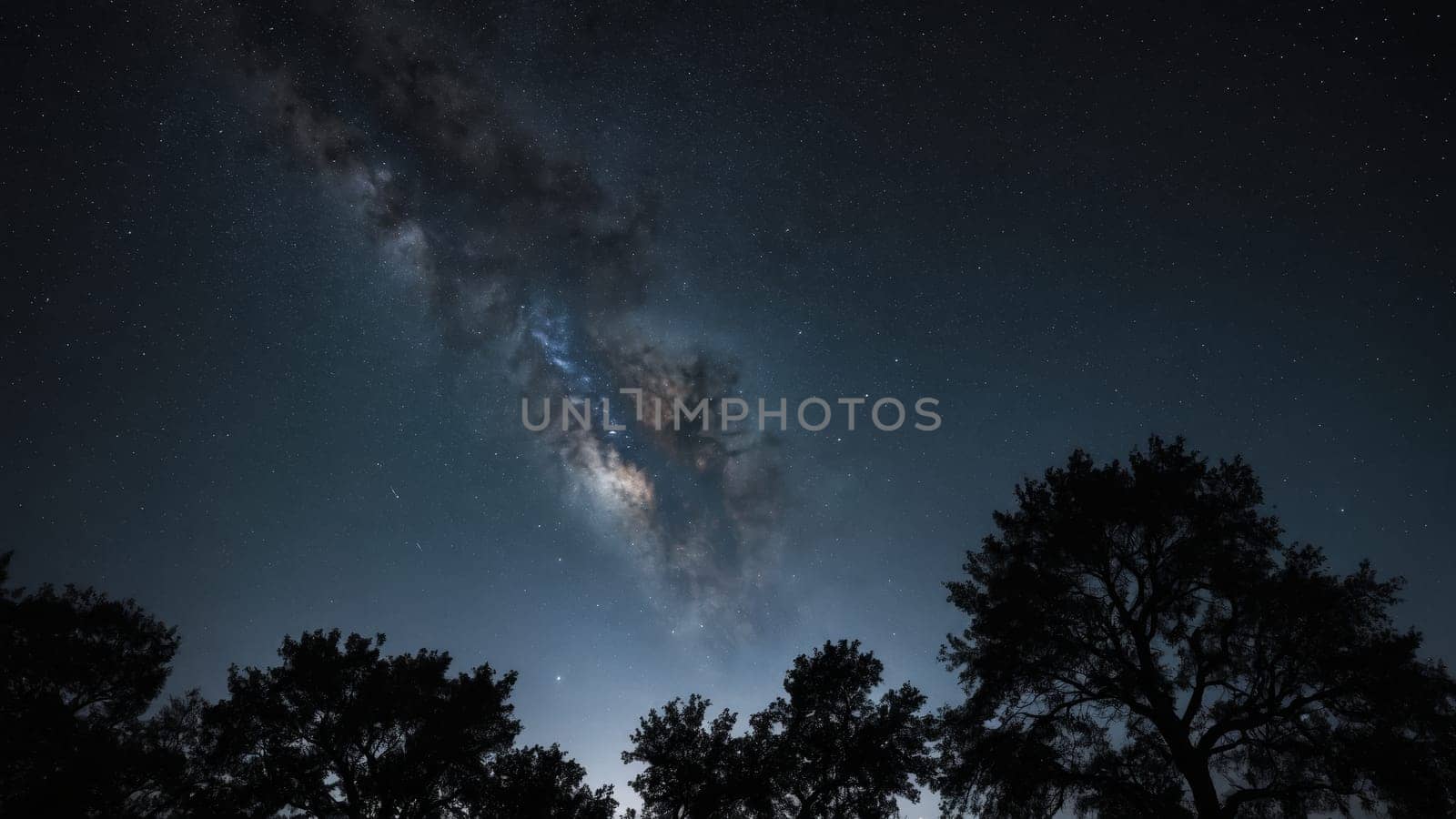 A stunning display of the Milky Way stretches across the night sky, illuminating the tranquil scene below. Silhouetted trees frame the celestial wonder, creating a peaceful atmosphere.
