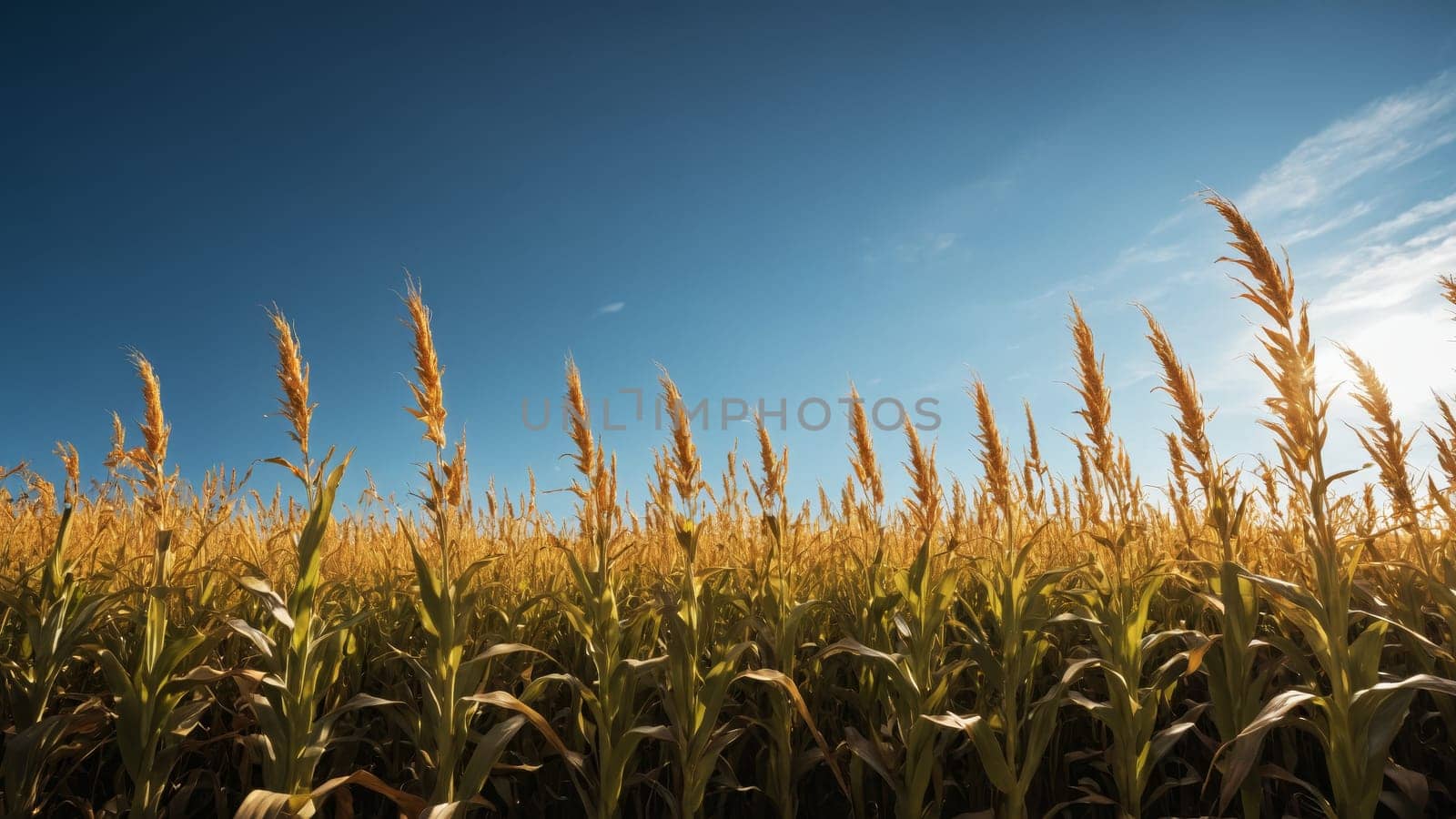 Tall stalks of golden corn sway gently in the breeze beneath a vast blue sky, signaling the bountiful autumn harvest. The warm light casts a peaceful glow, inviting reflection on nature's abundance.