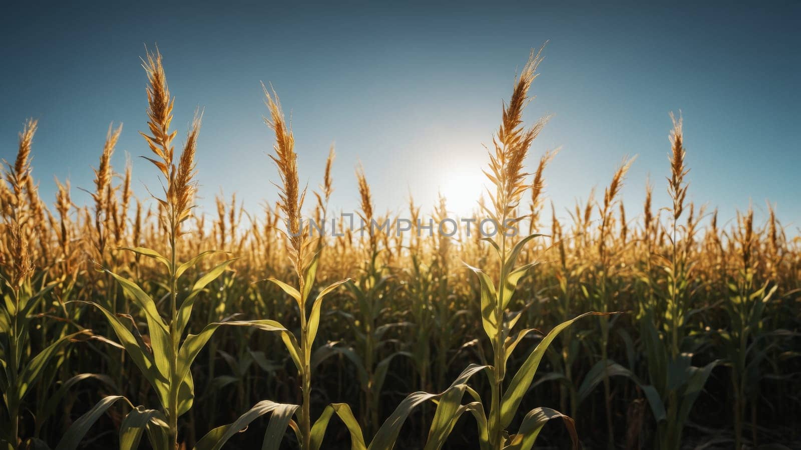 Tall stalks of golden corn sway gently under a clear sky as the sun rises, casting a warm glow over the expansive field, showcasing the richness of nature’s bounty.