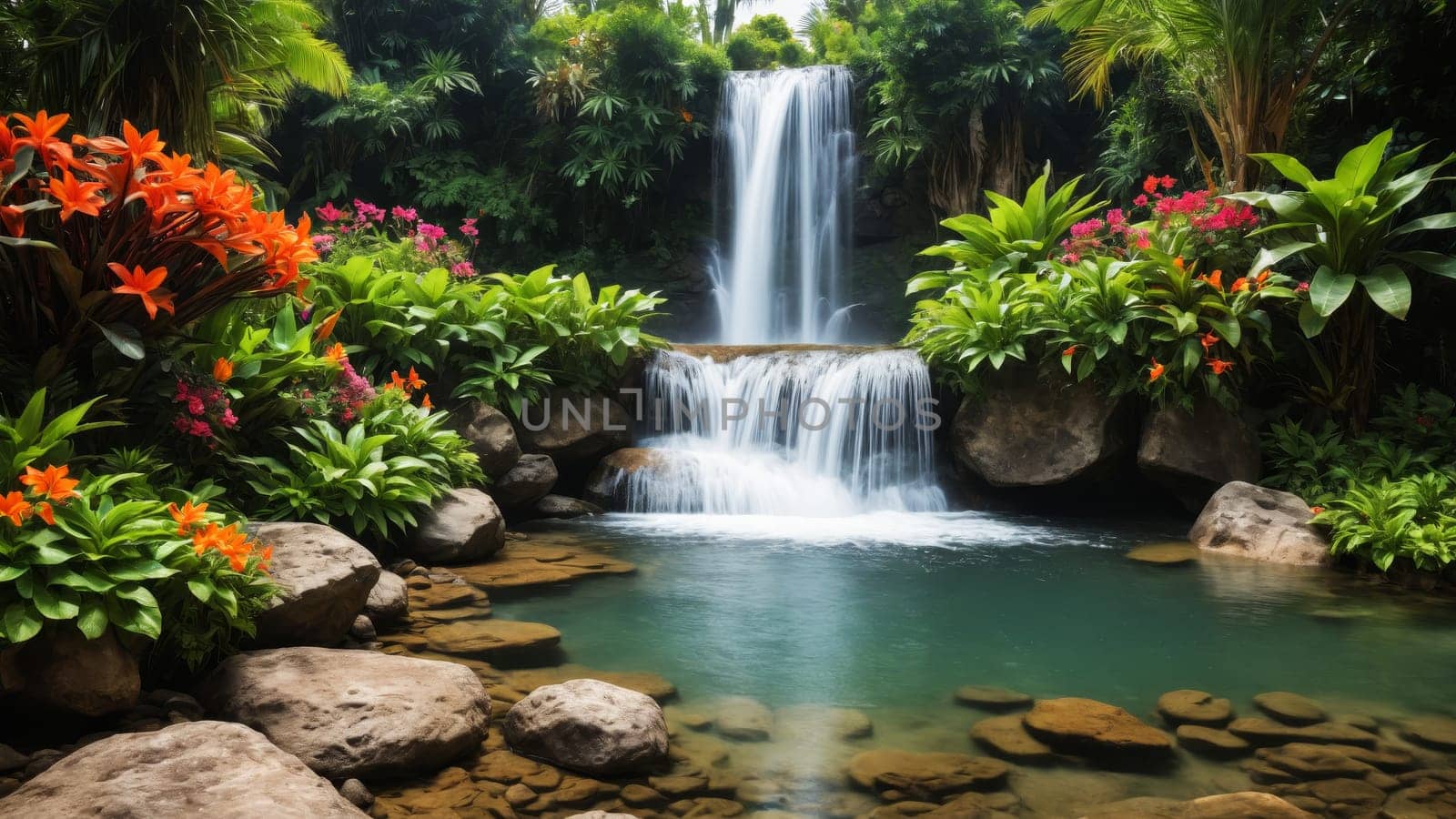 Crystal-clear water flows gently over rocks, surrounded by vibrant wildflowers and dense greenery. This peaceful spot invites relaxation and appreciation of nature's beauty.