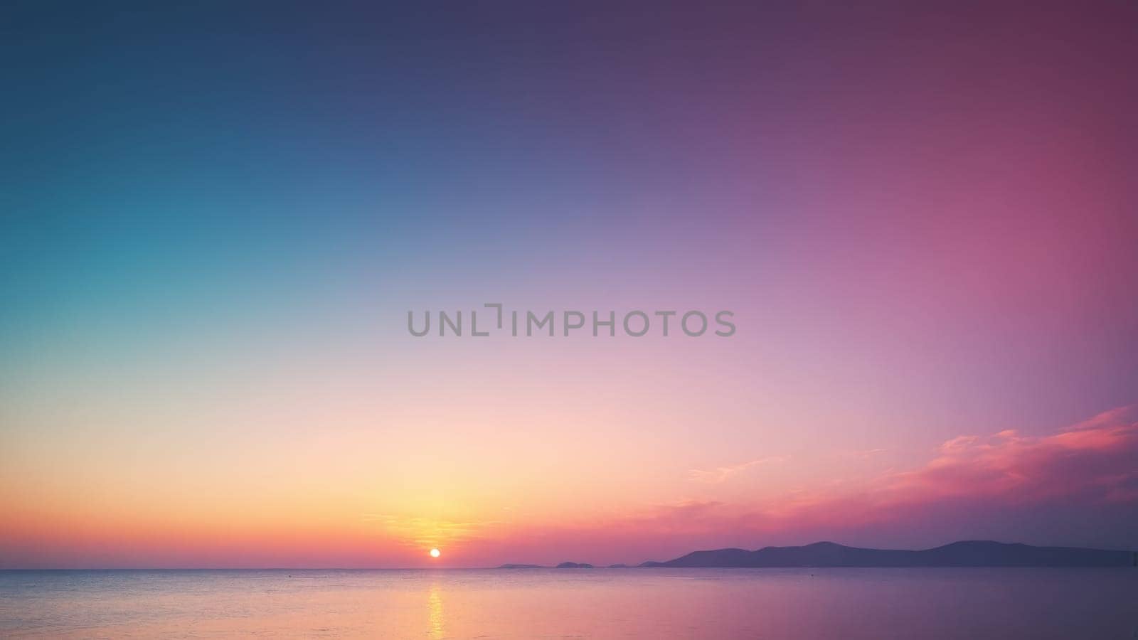 As the sun dips below the horizon, the sky transforms into a breathtaking palette of orange, pink, and purple hues, casting a peaceful glow over the serene waters and distant islands.