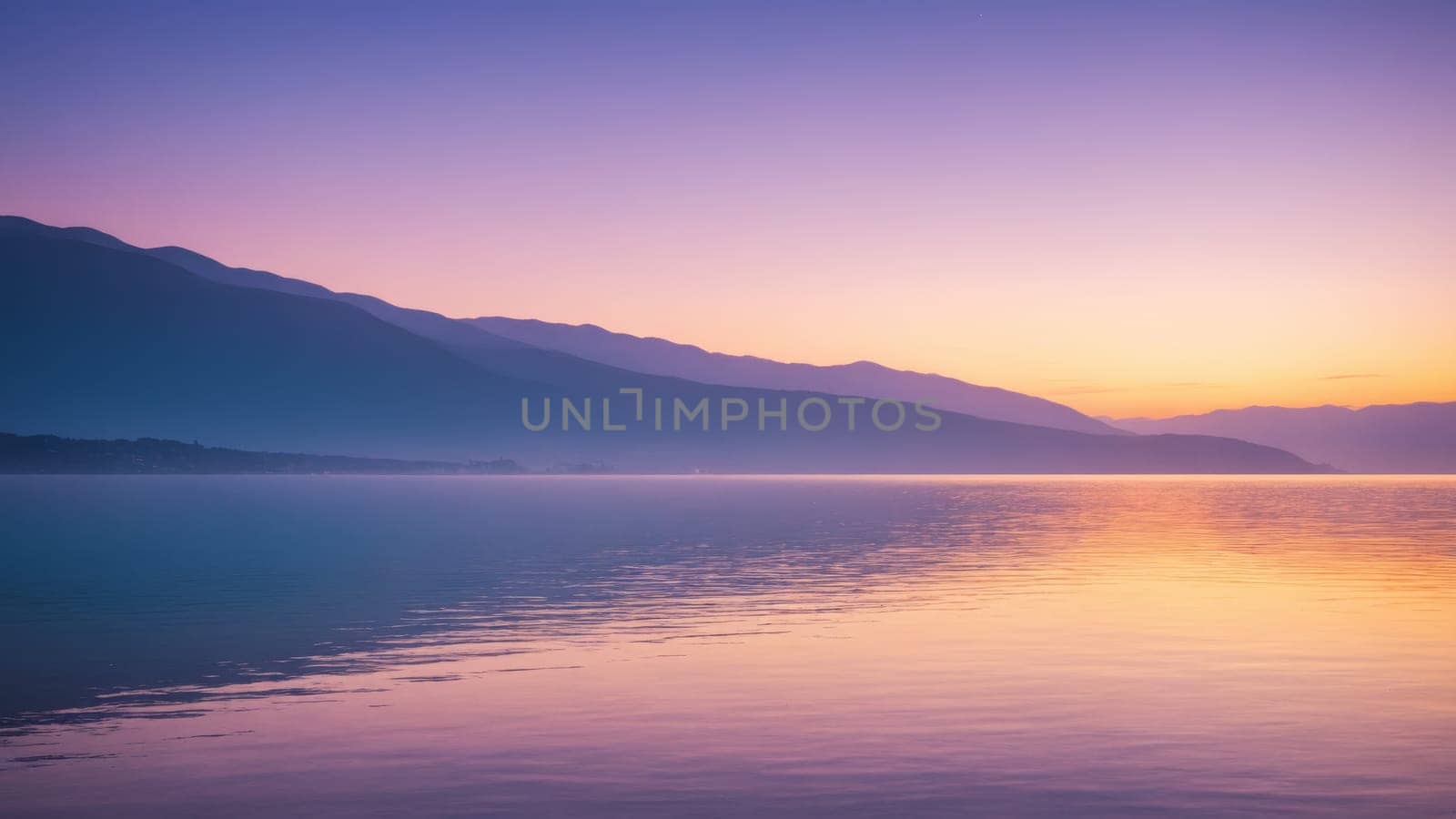 As dawn breaks, soft pastel shades of pink and orange fill the sky, casting a gentle glow over calm waters while distant mountains provide a serene backdrop, creating a moment of pure tranquility.