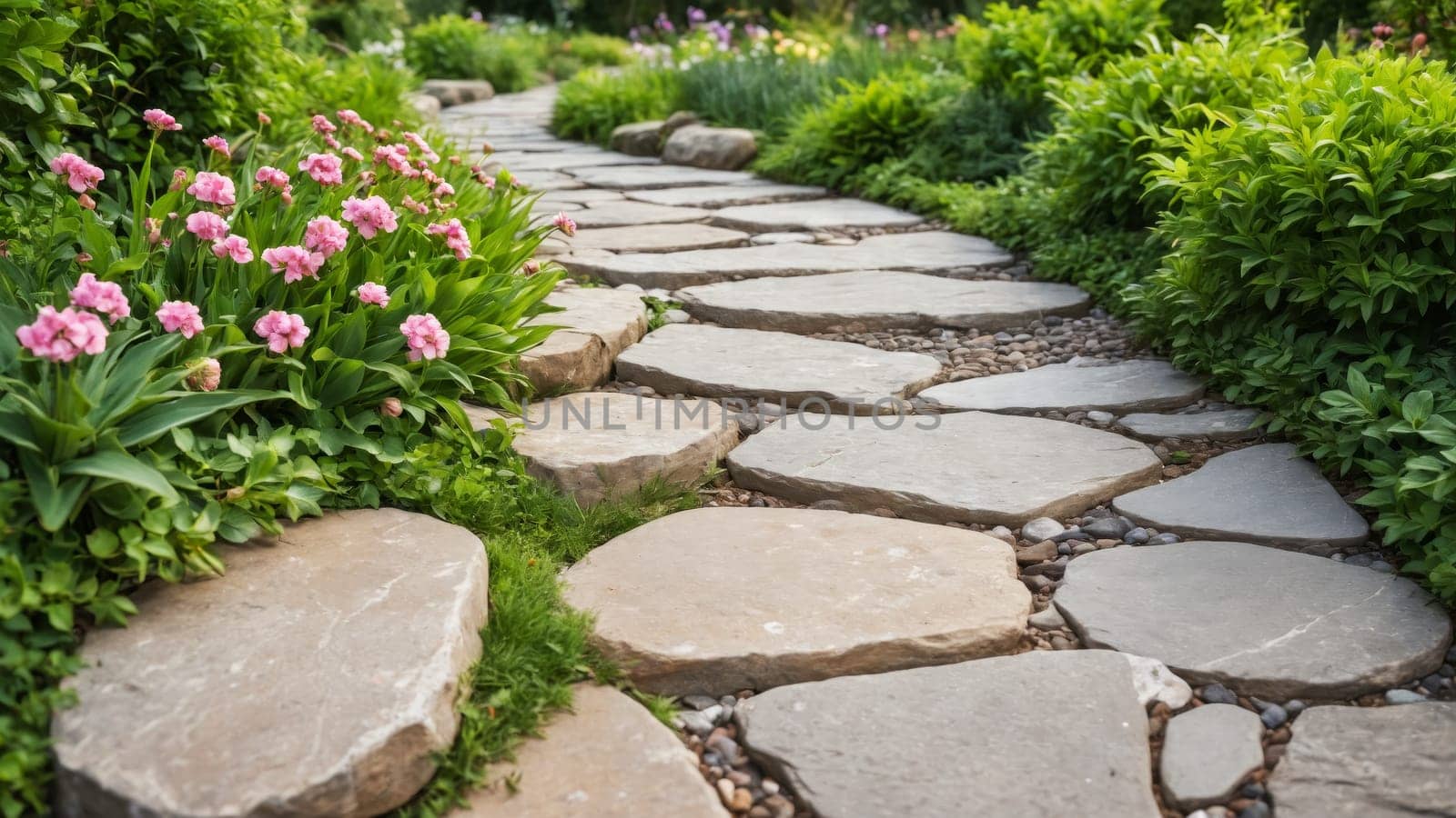 Walking along the winding stone pathway, one can admire the colorful blooms and lush greenery that thrive on either side, creating a peaceful escape in nature's embrace.